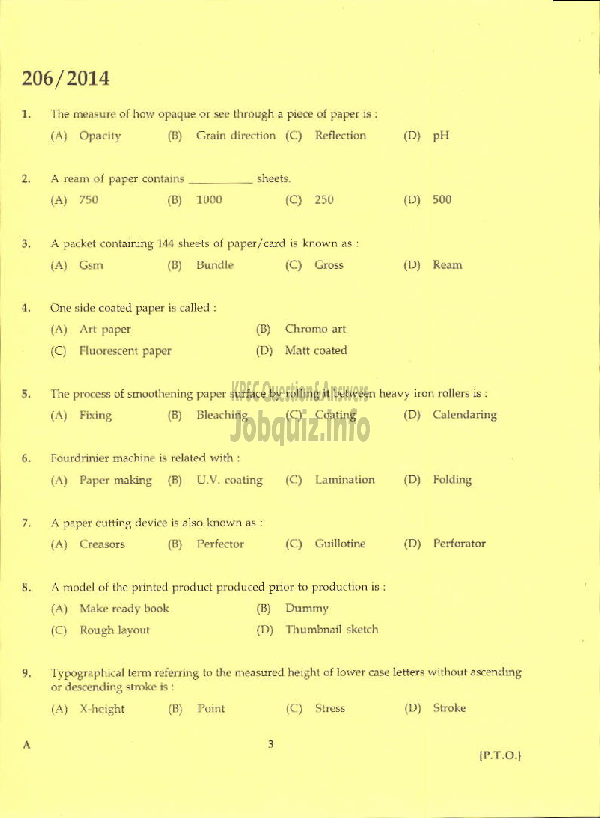 Kerala PSC Question Paper - TRADE INSTRUCTOR GRADE II PRINTING TECHNOLOGY KERALA TECHNICAL EDUCATION-1