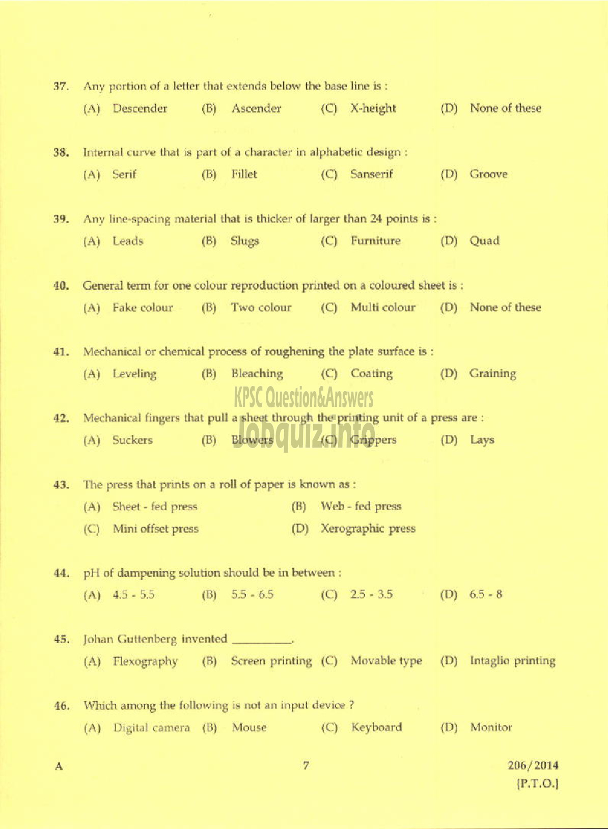 Kerala PSC Question Paper - TRADE INSTRUCTOR GRADE II PRINTING TECHNOLOGY KERALA TECHNICAL EDUCATION-5