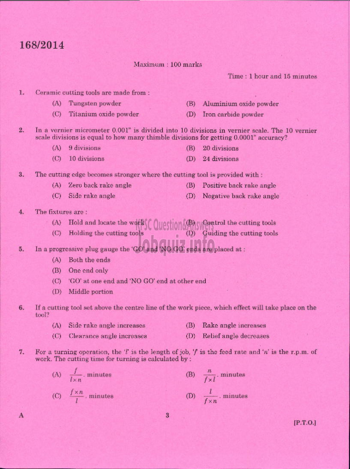 Kerala PSC Question Paper - TRADE INSTRUCTOR GRADE II TURNING TECHNICAL EDUCATION-1