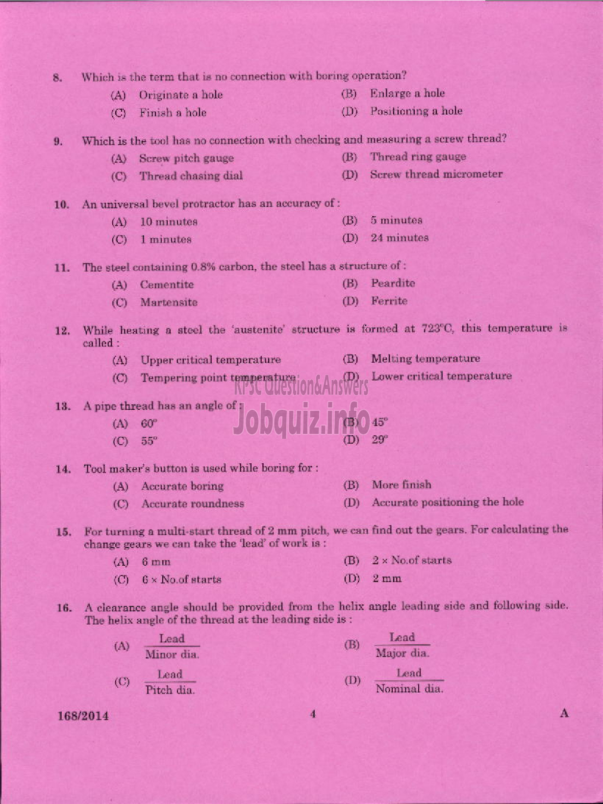 Kerala PSC Question Paper - TRADE INSTRUCTOR GRADE II TURNING TECHNICAL EDUCATION-2