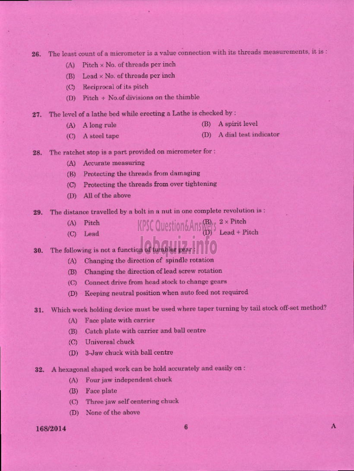 Kerala PSC Question Paper - TRADE INSTRUCTOR GRADE II TURNING TECHNICAL EDUCATION-4