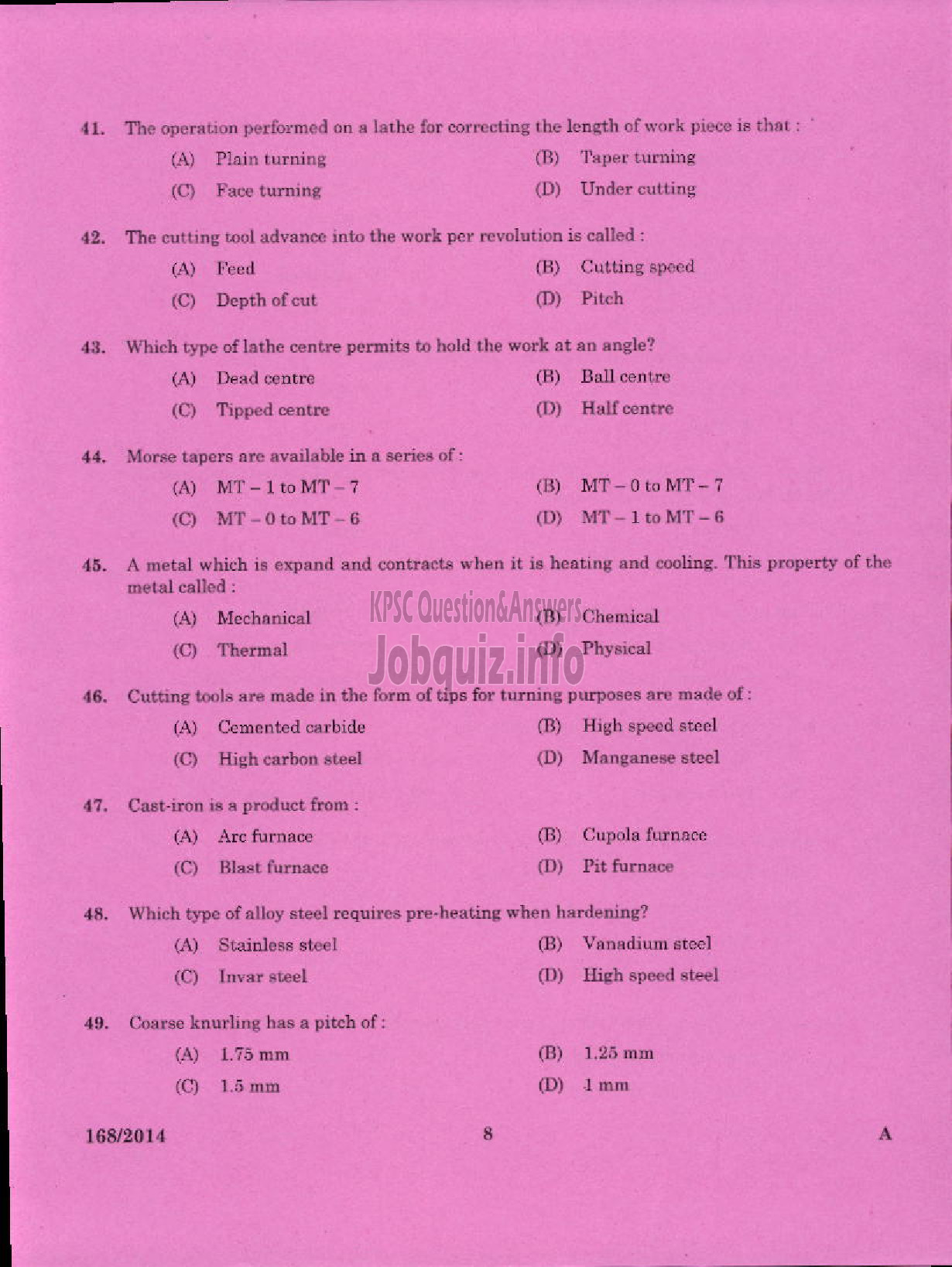 Kerala PSC Question Paper - TRADE INSTRUCTOR GRADE II TURNING TECHNICAL EDUCATION-6