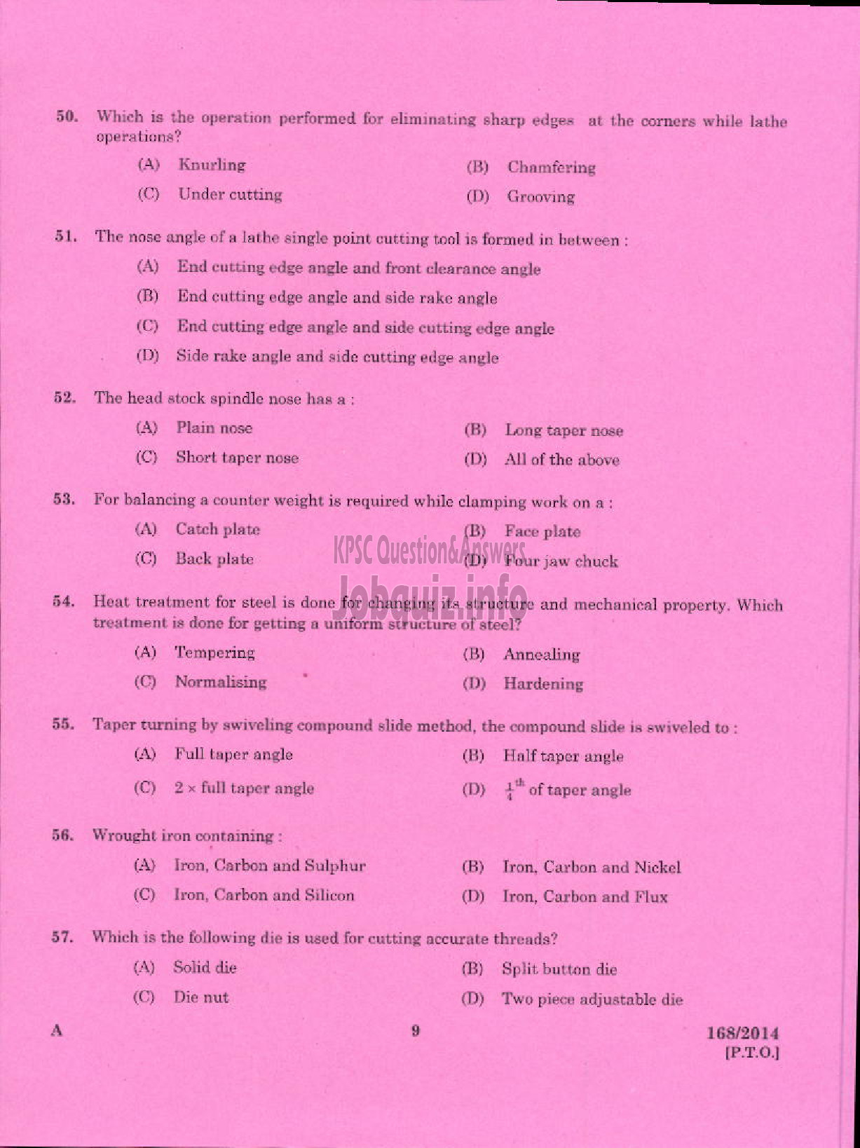 Kerala PSC Question Paper - TRADE INSTRUCTOR GRADE II TURNING TECHNICAL EDUCATION-7