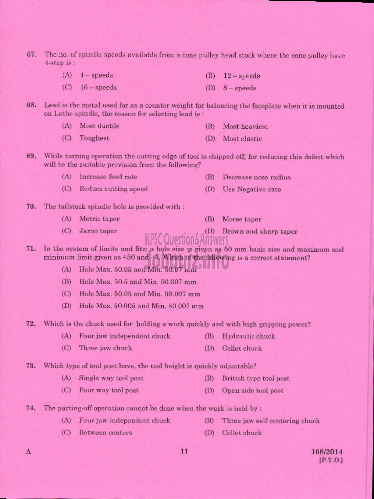 Kerala PSC Question Paper - TRADE INSTRUCTOR GRADE II TURNING TECHNICAL EDUCATION-9