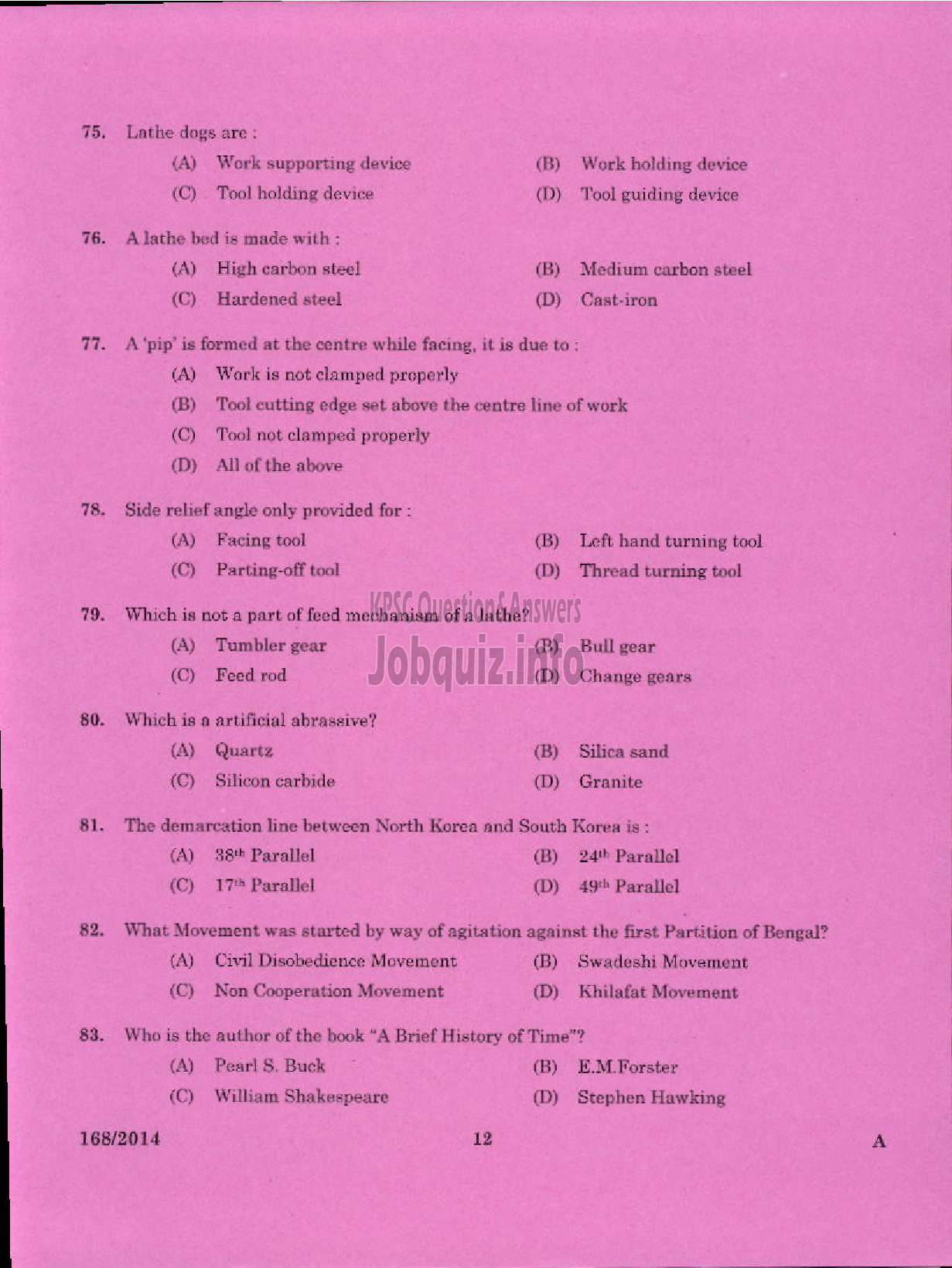 Kerala PSC Question Paper - TRADE INSTRUCTOR GRADE II TURNING TECHNICAL EDUCATION-10