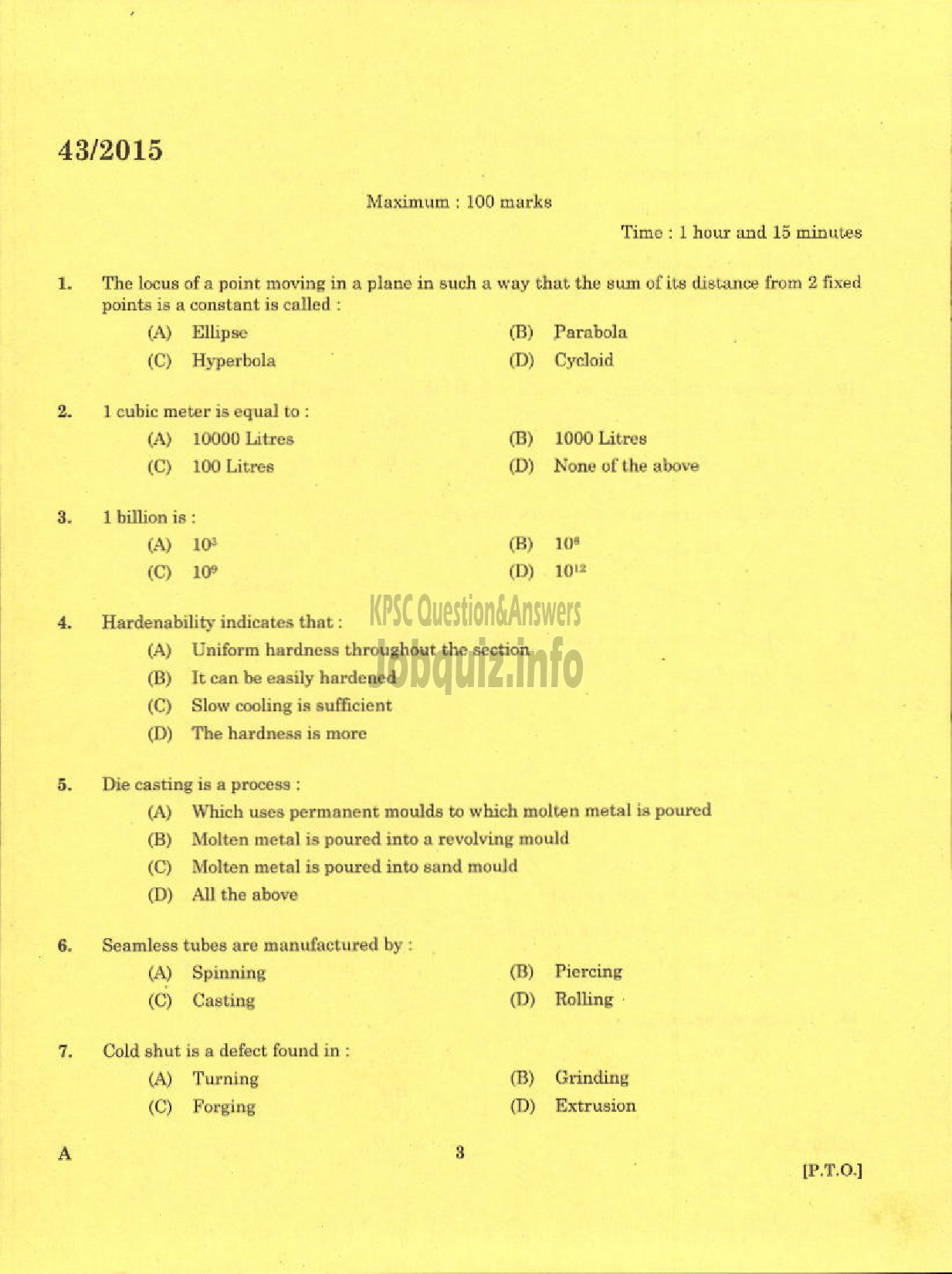 Kerala PSC Question Paper - TRADE INSTRUCTOR GR II TOOL AND DIE MAKING TECHNICAL EDUCATION-1