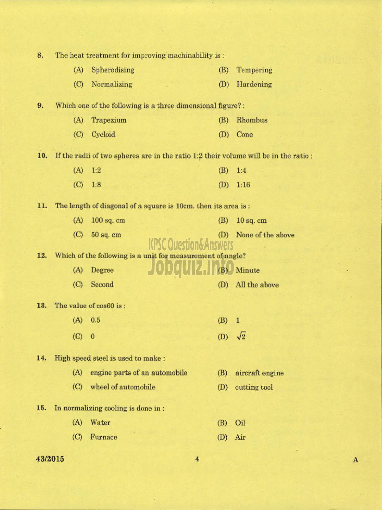 Kerala PSC Question Paper - TRADE INSTRUCTOR GR II TOOL AND DIE MAKING TECHNICAL EDUCATION-2