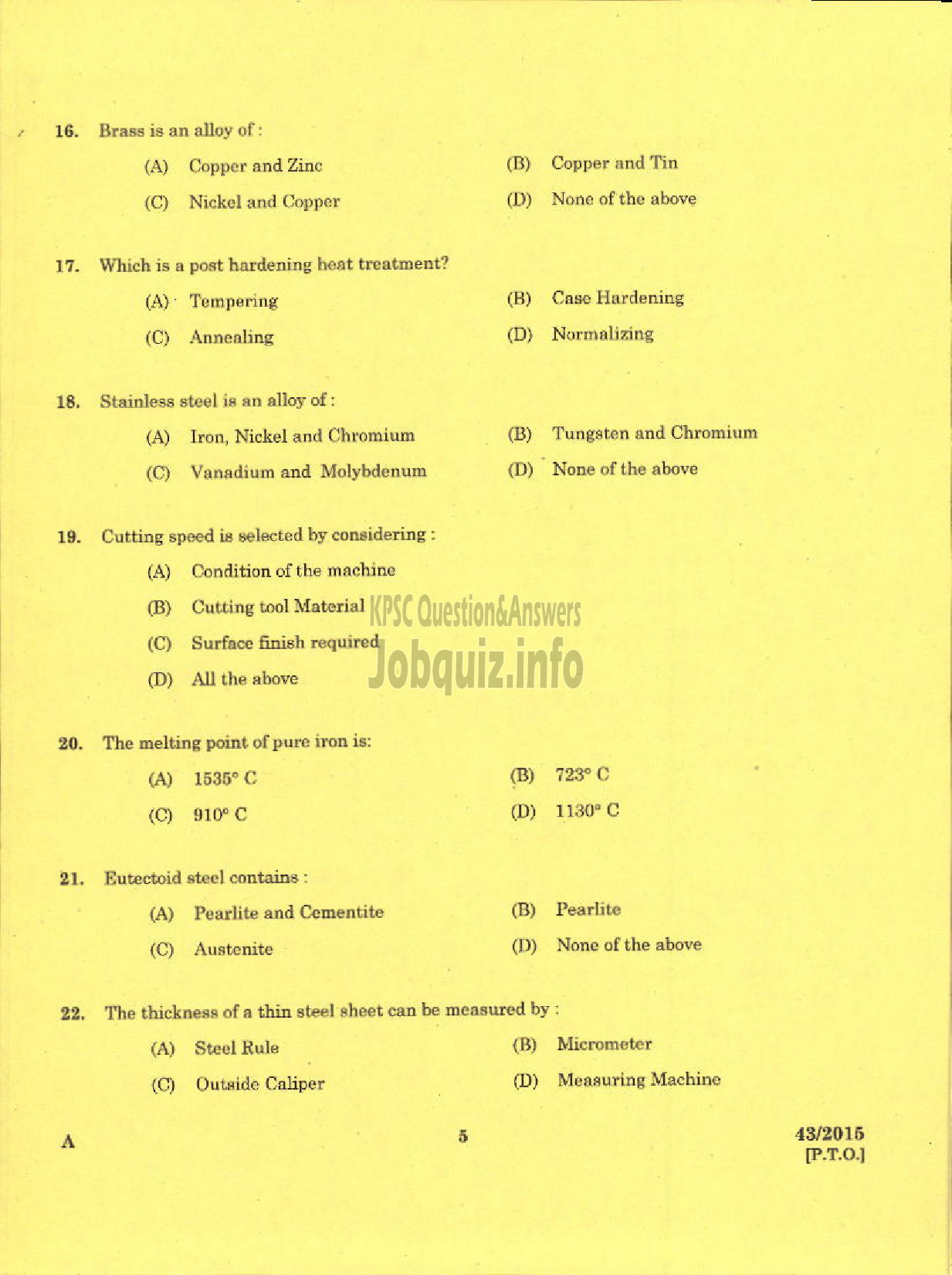 Kerala PSC Question Paper - TRADE INSTRUCTOR GR II TOOL AND DIE MAKING TECHNICAL EDUCATION-3