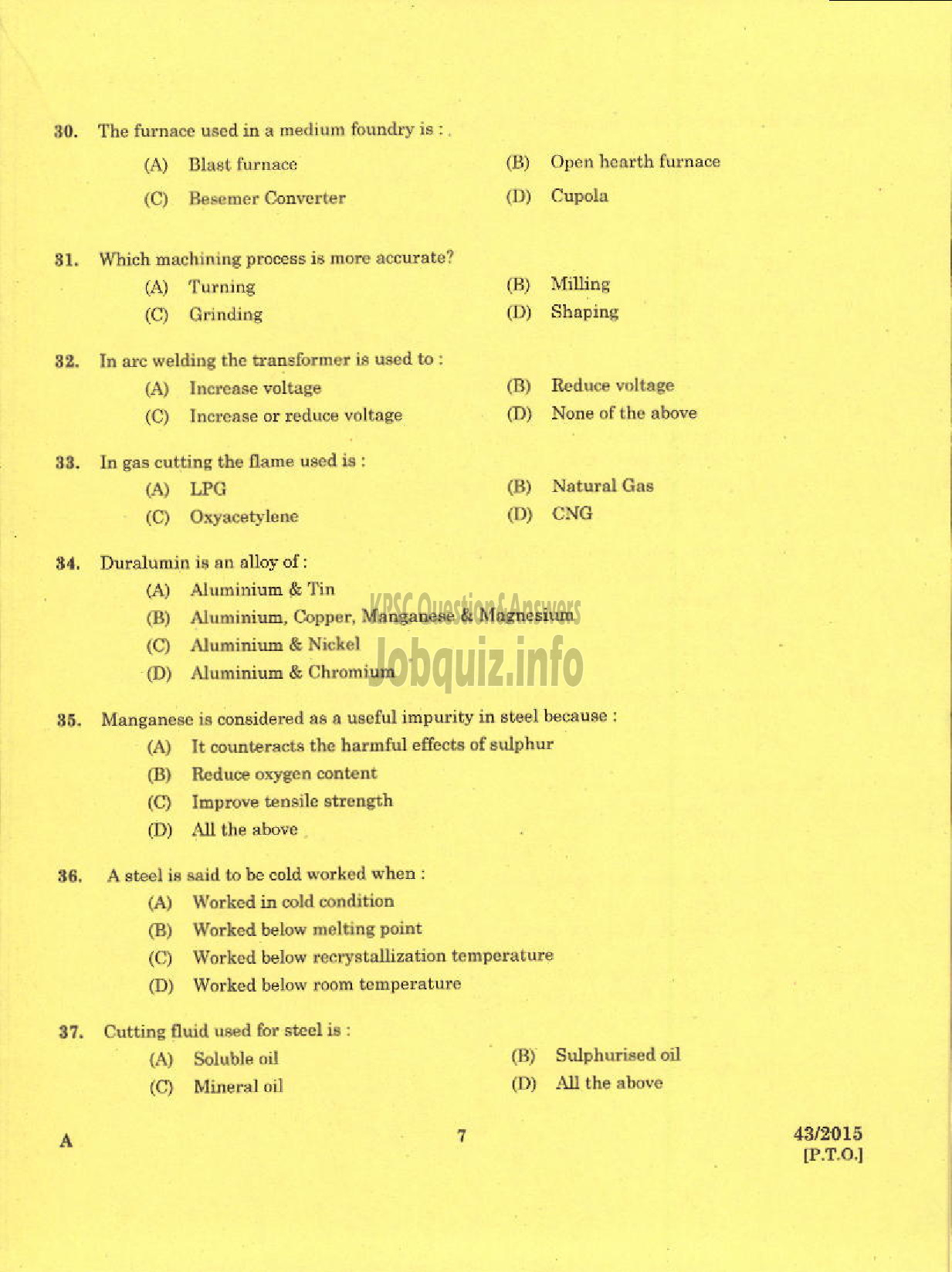 Kerala PSC Question Paper - TRADE INSTRUCTOR GR II TOOL AND DIE MAKING TECHNICAL EDUCATION-5