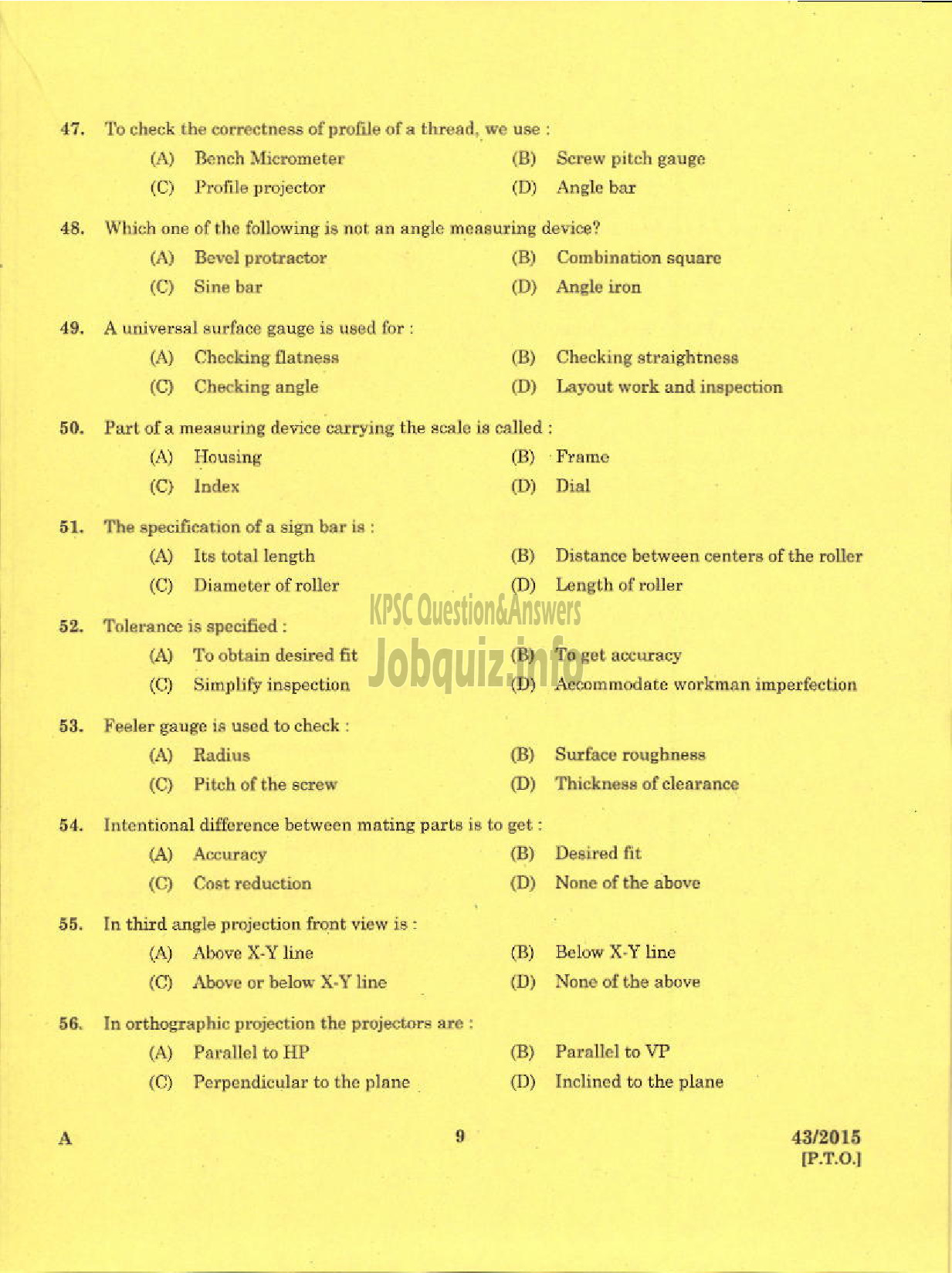 Kerala PSC Question Paper - TRADE INSTRUCTOR GR II TOOL AND DIE MAKING TECHNICAL EDUCATION-7