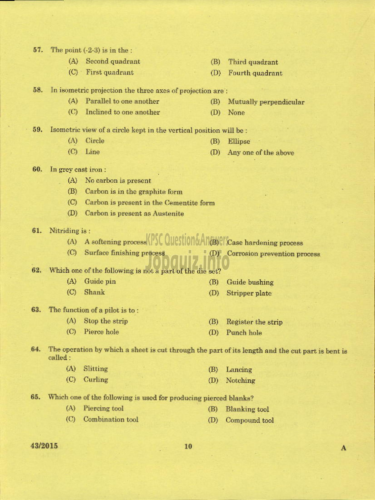 Kerala PSC Question Paper - TRADE INSTRUCTOR GR II TOOL AND DIE MAKING TECHNICAL EDUCATION-8