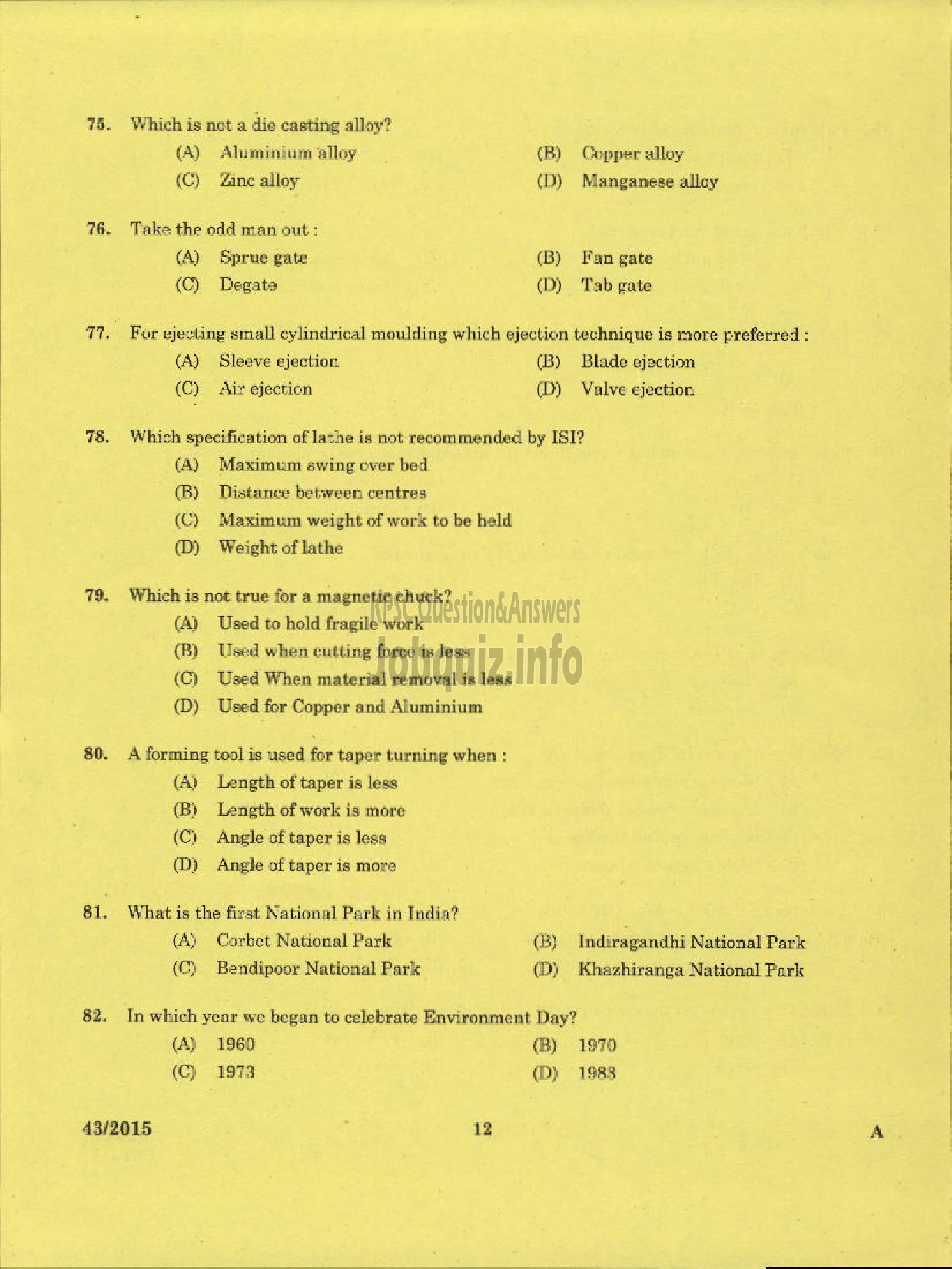 Kerala PSC Question Paper - TRADE INSTRUCTOR GR II TOOL AND DIE MAKING TECHNICAL EDUCATION-10