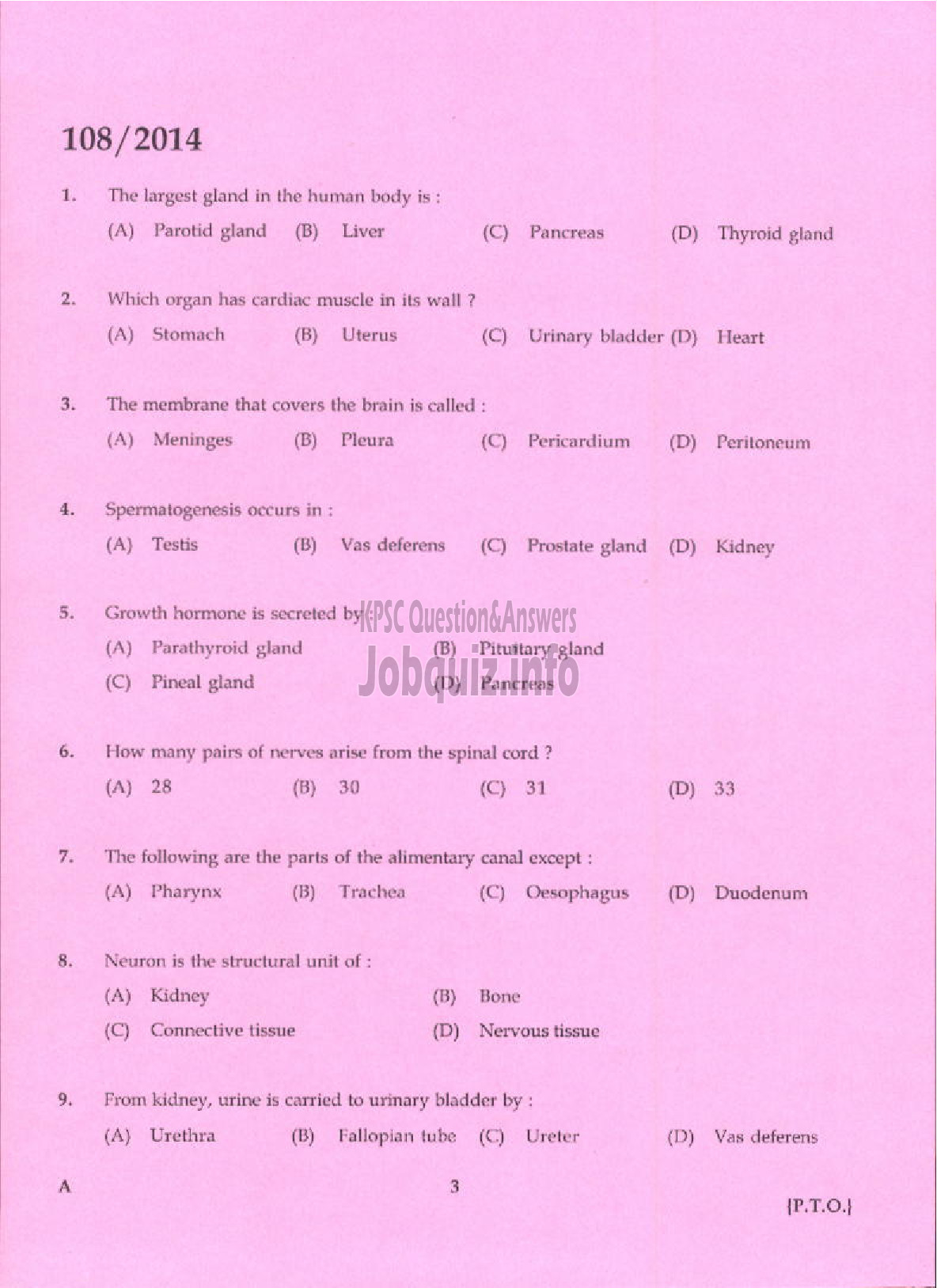 Kerala PSC Question Paper - TREATMENT ORGANIZER GRADE II HEALTH SERVICE IDUKKI-1