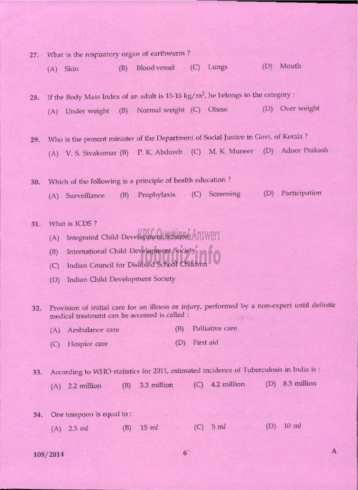 Kerala PSC Question Paper - TREATMENT ORGANIZER GRADE II HEALTH SERVICE IDUKKI-4