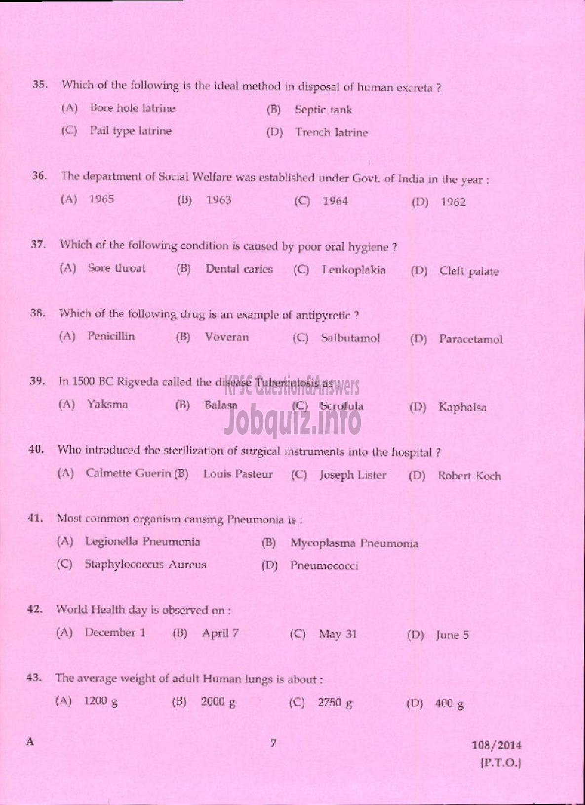 Kerala PSC Question Paper - TREATMENT ORGANIZER GRADE II HEALTH SERVICE IDUKKI-5