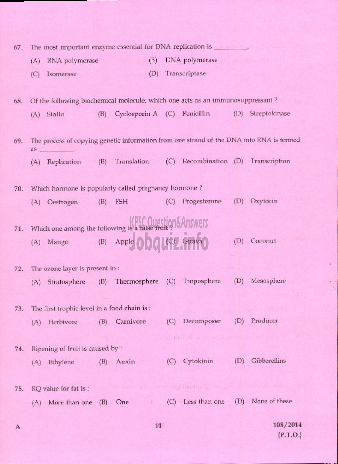 Kerala PSC Question Paper - TREATMENT ORGANIZER GRADE II HEALTH SERVICE IDUKKI-9