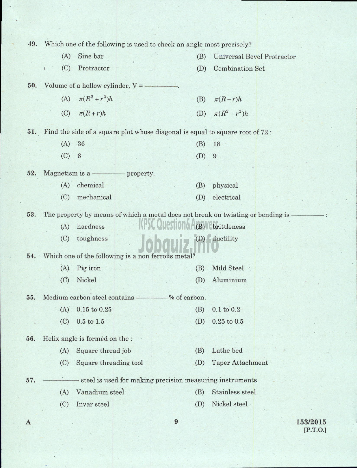 Kerala PSC Question Paper - TURNER STATE WATER TRANSPORT-7