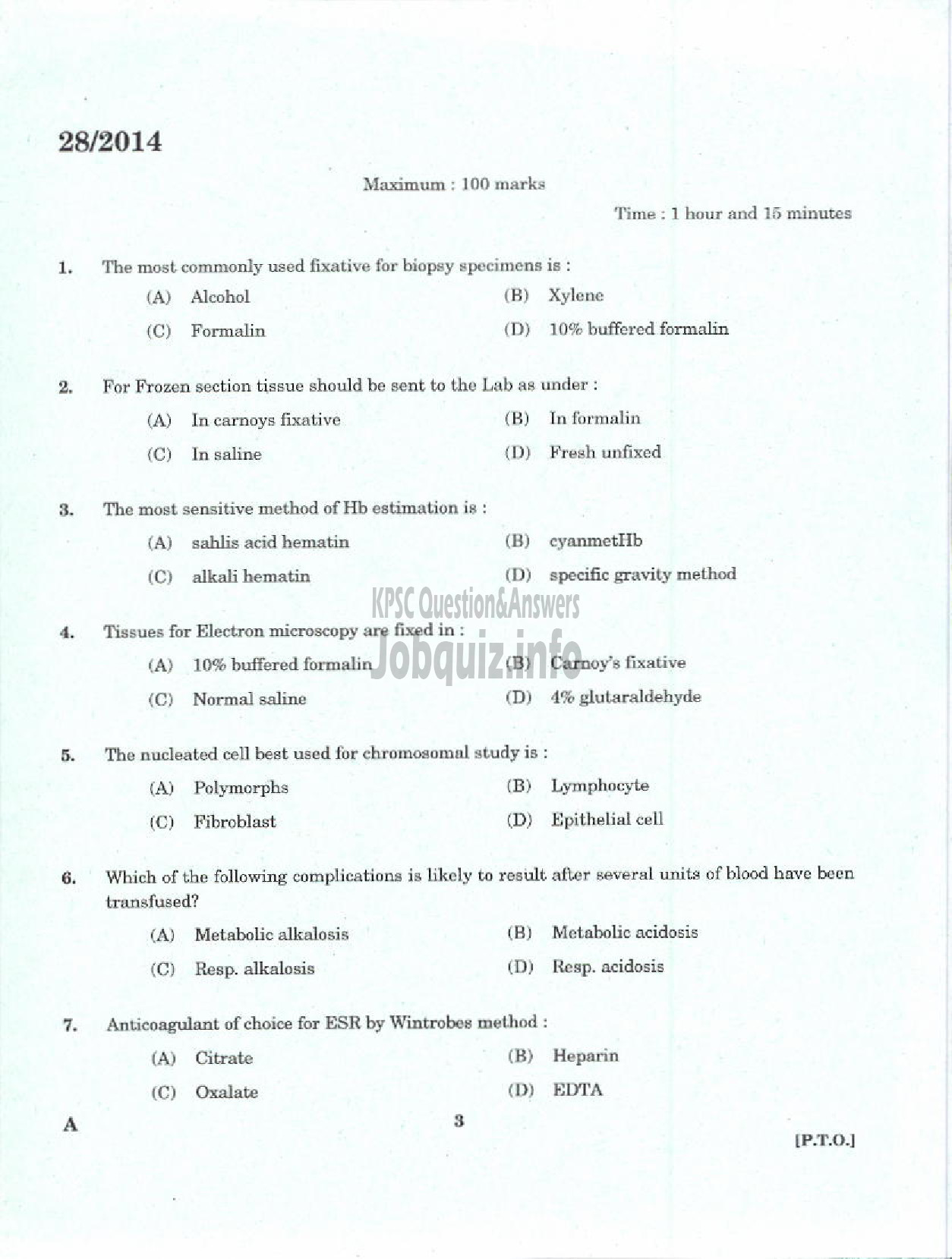 Kerala PSC Question Paper - TUTOR TECHNICIAN MEDICAL EDUCATION-1