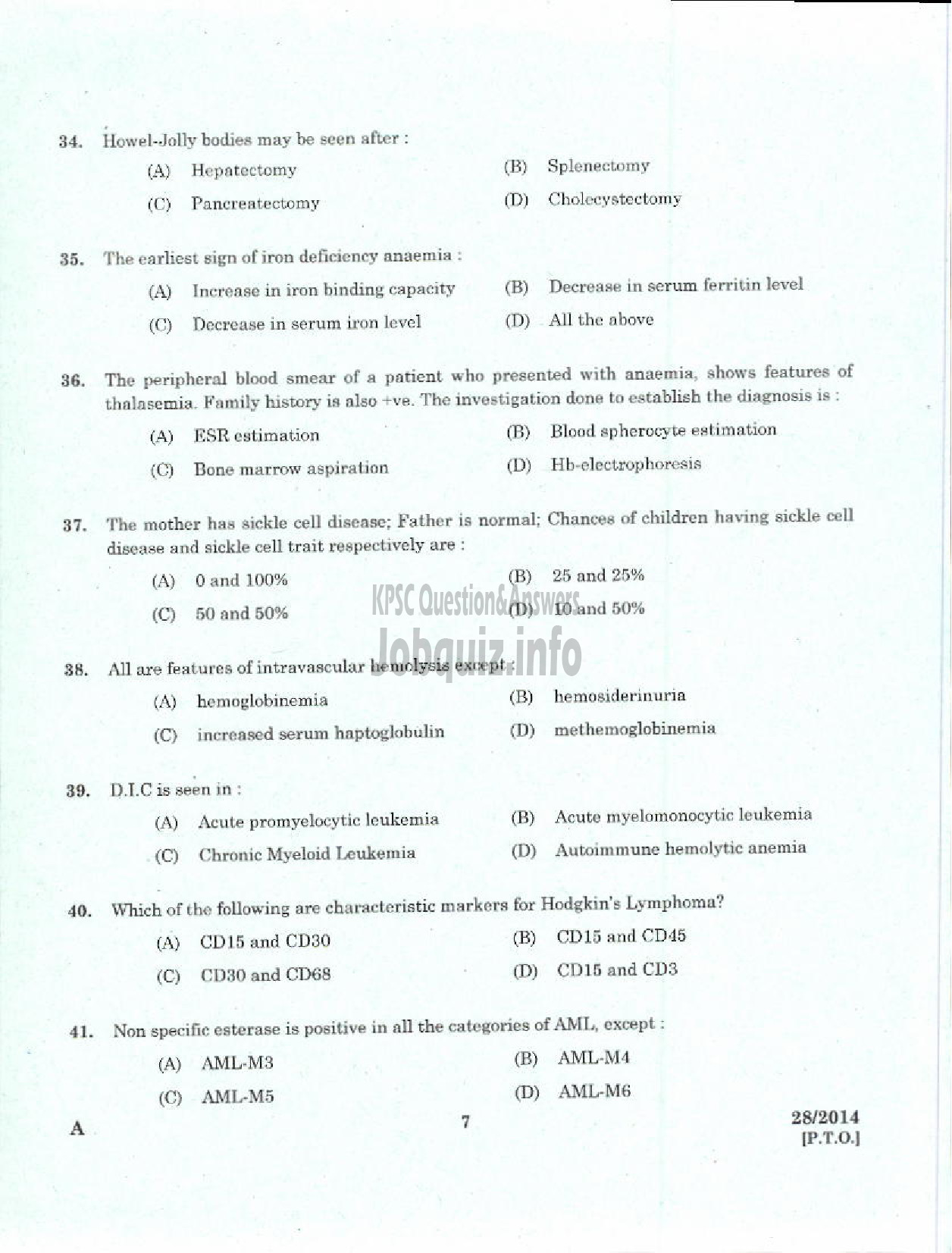 Kerala PSC Question Paper - TUTOR TECHNICIAN MEDICAL EDUCATION-5