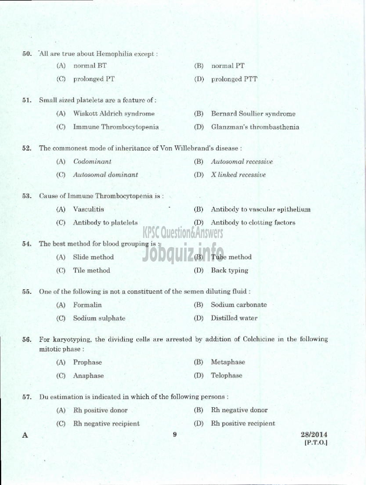 Kerala PSC Question Paper - TUTOR TECHNICIAN MEDICAL EDUCATION-7