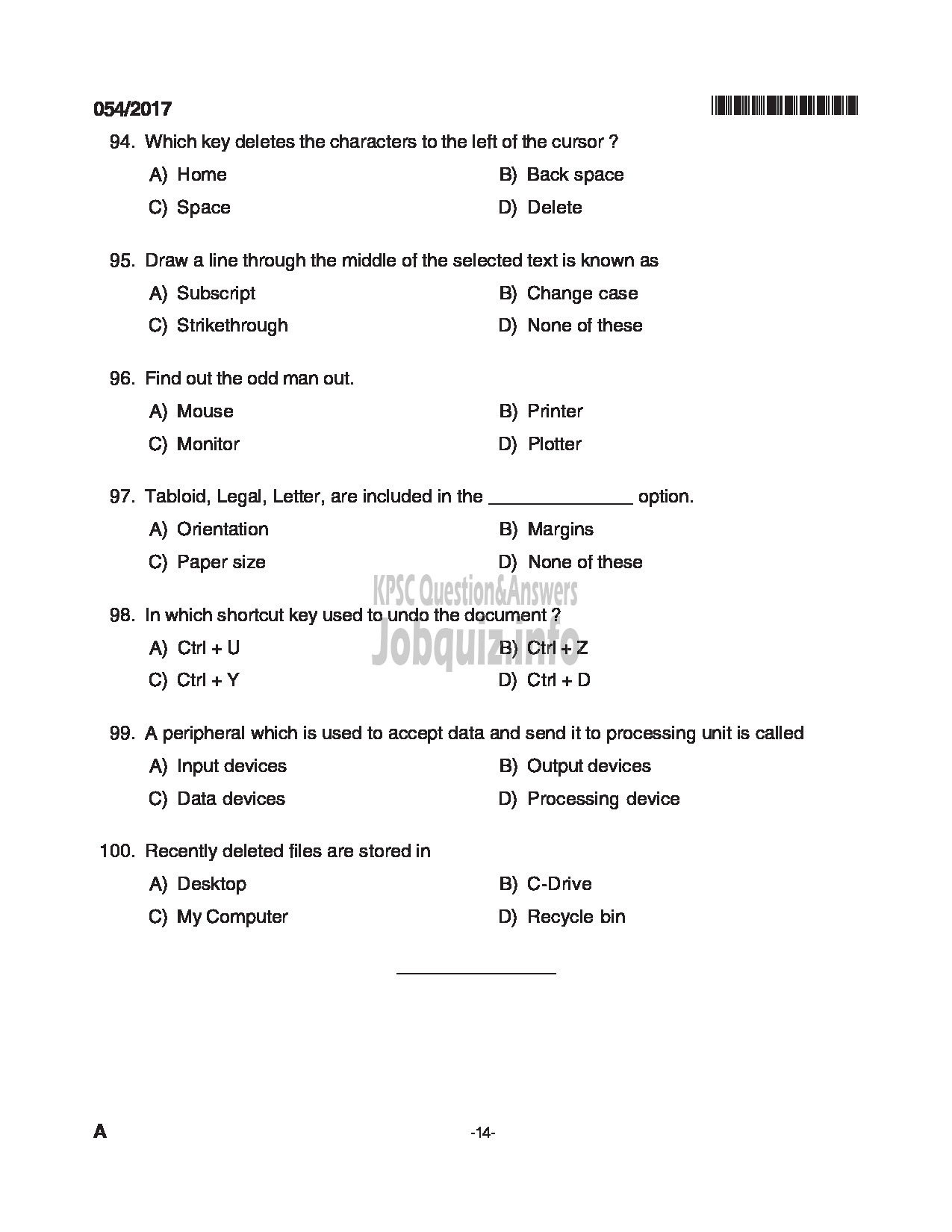 Kerala PSC Question Paper - TYPIST KFDC CONFIDENTIAL ASSISTANT GRADE II VARIOUS QUESTION PAPER-14