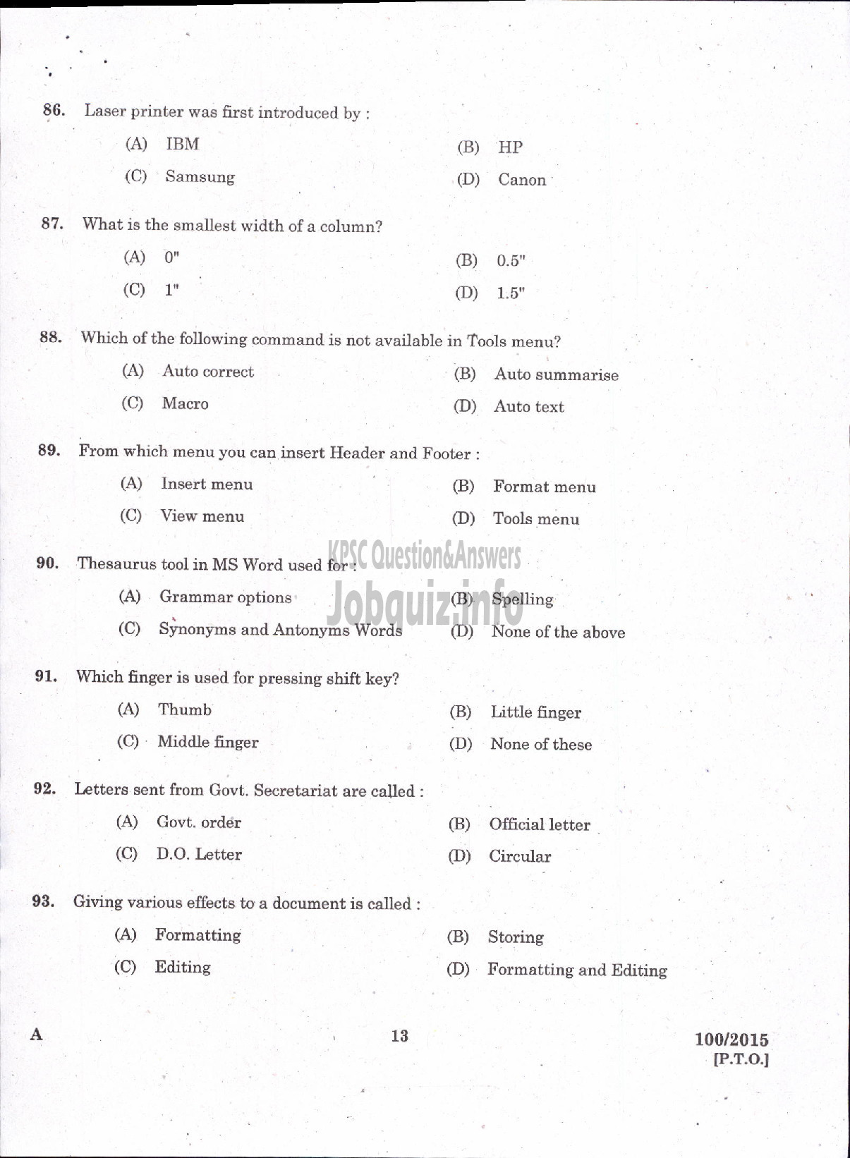 Kerala PSC Question Paper - TYYPIST GRADE II / STENO TYPIST / CLERK TYPIST / TYPIST KERALA STATE HOUSING BOARD / KERALA SHIPPING AND INLAND NAVIGATION CORP LTD / VARIOUS / KERALA ELECTRICAL AND ALLIED ENGINEERING COMPANY LTD-11