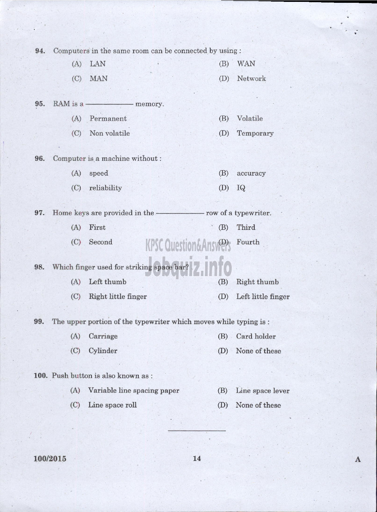 Kerala PSC Question Paper - TYYPIST GRADE II / STENO TYPIST / CLERK TYPIST / TYPIST KERALA STATE HOUSING BOARD / KERALA SHIPPING AND INLAND NAVIGATION CORP LTD / VARIOUS / KERALA ELECTRICAL AND ALLIED ENGINEERING COMPANY LTD-12