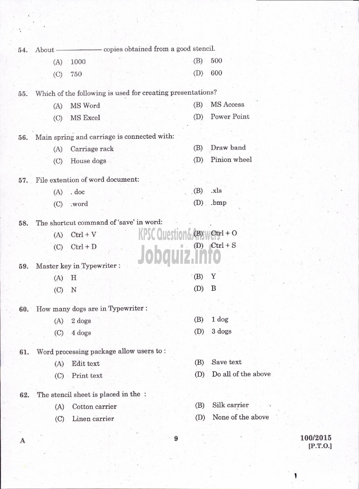 Kerala PSC Question Paper - TYYPIST GRADE II / STENO TYPIST / CLERK TYPIST / TYPIST KERALA STATE HOUSING BOARD / KERALA SHIPPING AND INLAND NAVIGATION CORP LTD / VARIOUS / KERALA ELECTRICAL AND ALLIED ENGINEERING COMPANY LTD-7