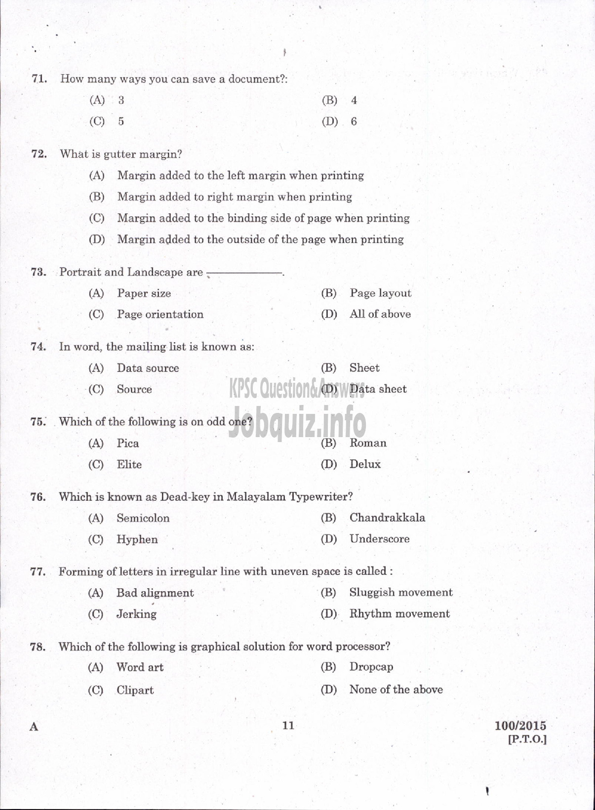 Kerala PSC Question Paper - TYYPIST GRADE II / STENO TYPIST / CLERK TYPIST / TYPIST KERALA STATE HOUSING BOARD / KERALA SHIPPING AND INLAND NAVIGATION CORP LTD / VARIOUS / KERALA ELECTRICAL AND ALLIED ENGINEERING COMPANY LTD-9