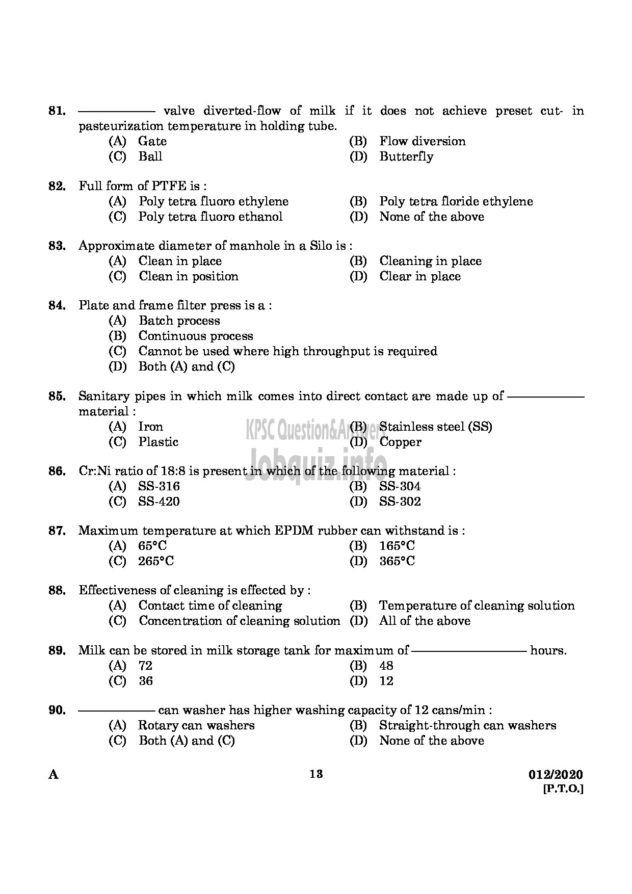 Kerala PSC Question Paper - Technical Superintendent (Engineering) Kerala Co operative Milk Marketing Federation Limited-11