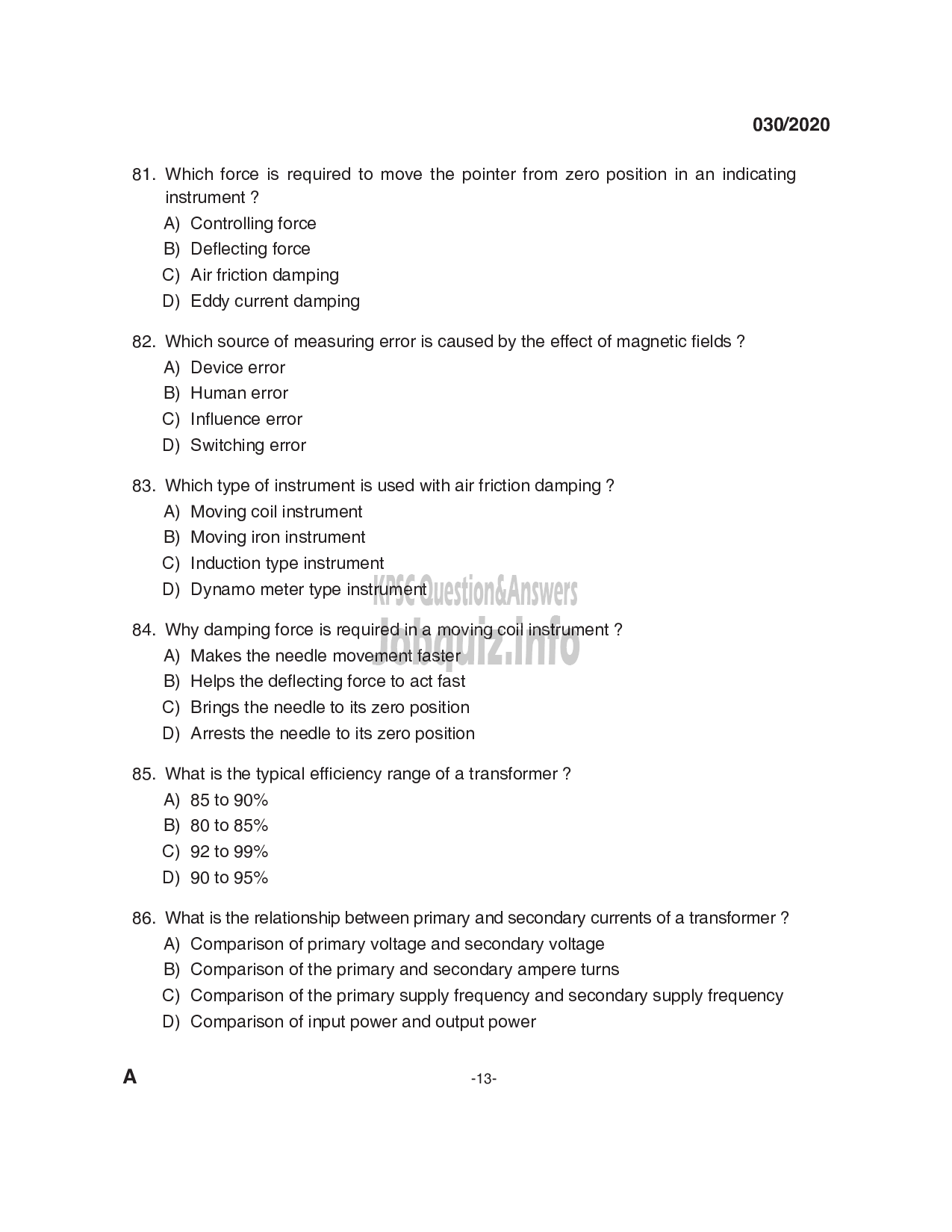 Kerala PSC Question Paper - Technician GrII - Electrician  - Kerala Co-operative Milk Marketing  Federation Ltd-13