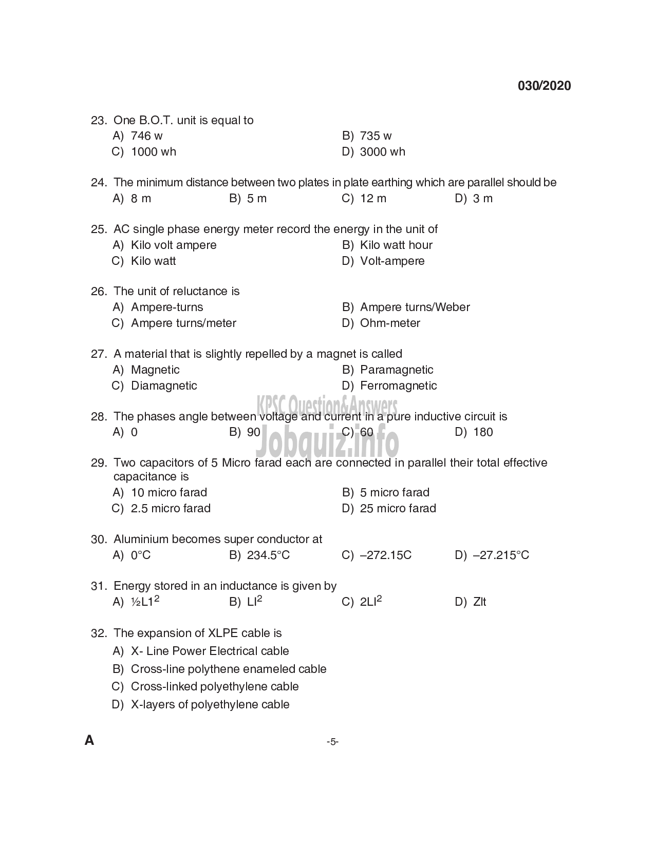Kerala PSC Question Paper - Technician GrII - Electrician  - Kerala Co-operative Milk Marketing  Federation Ltd-5