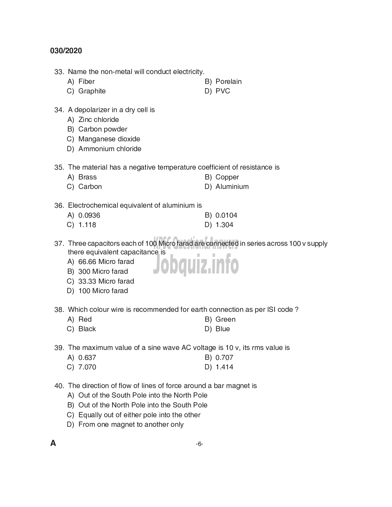 Kerala PSC Question Paper - Technician GrII - Electrician  - Kerala Co-operative Milk Marketing  Federation Ltd-6