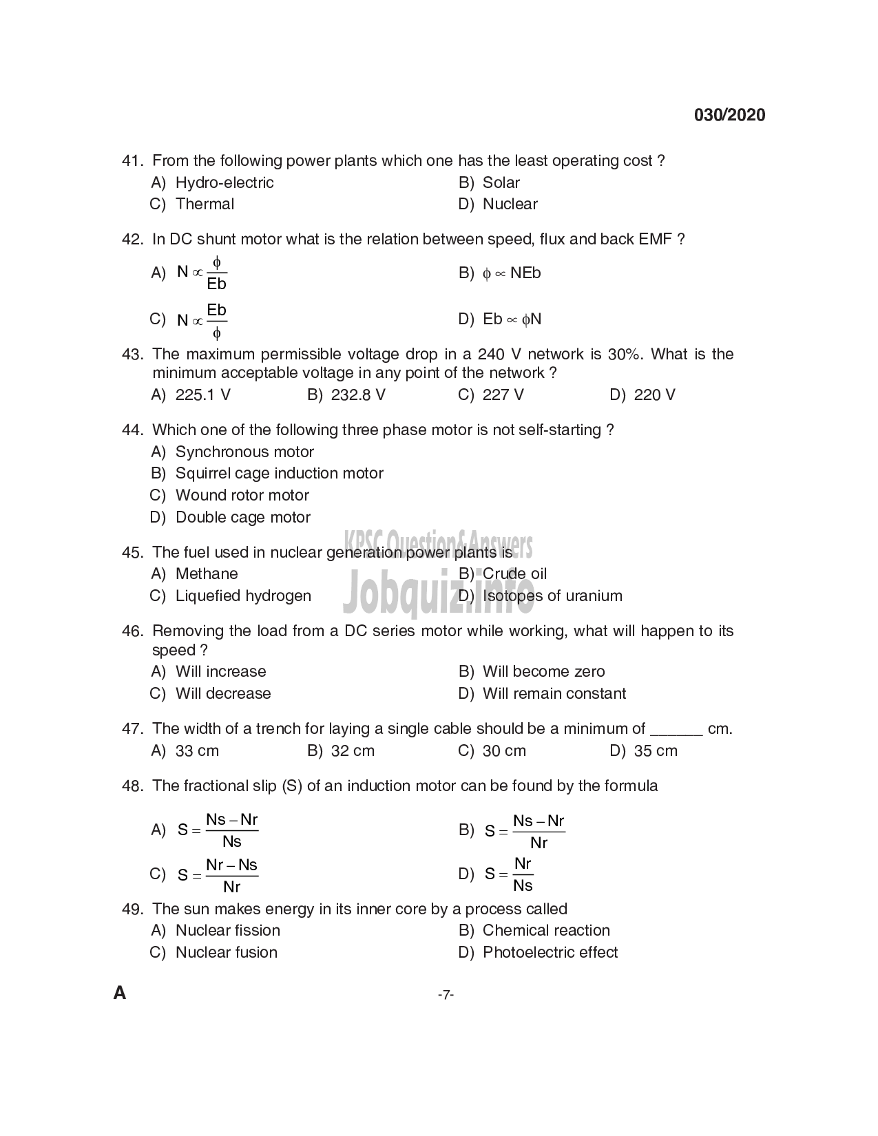 Kerala PSC Question Paper - Technician GrII - Electrician  - Kerala Co-operative Milk Marketing  Federation Ltd-7