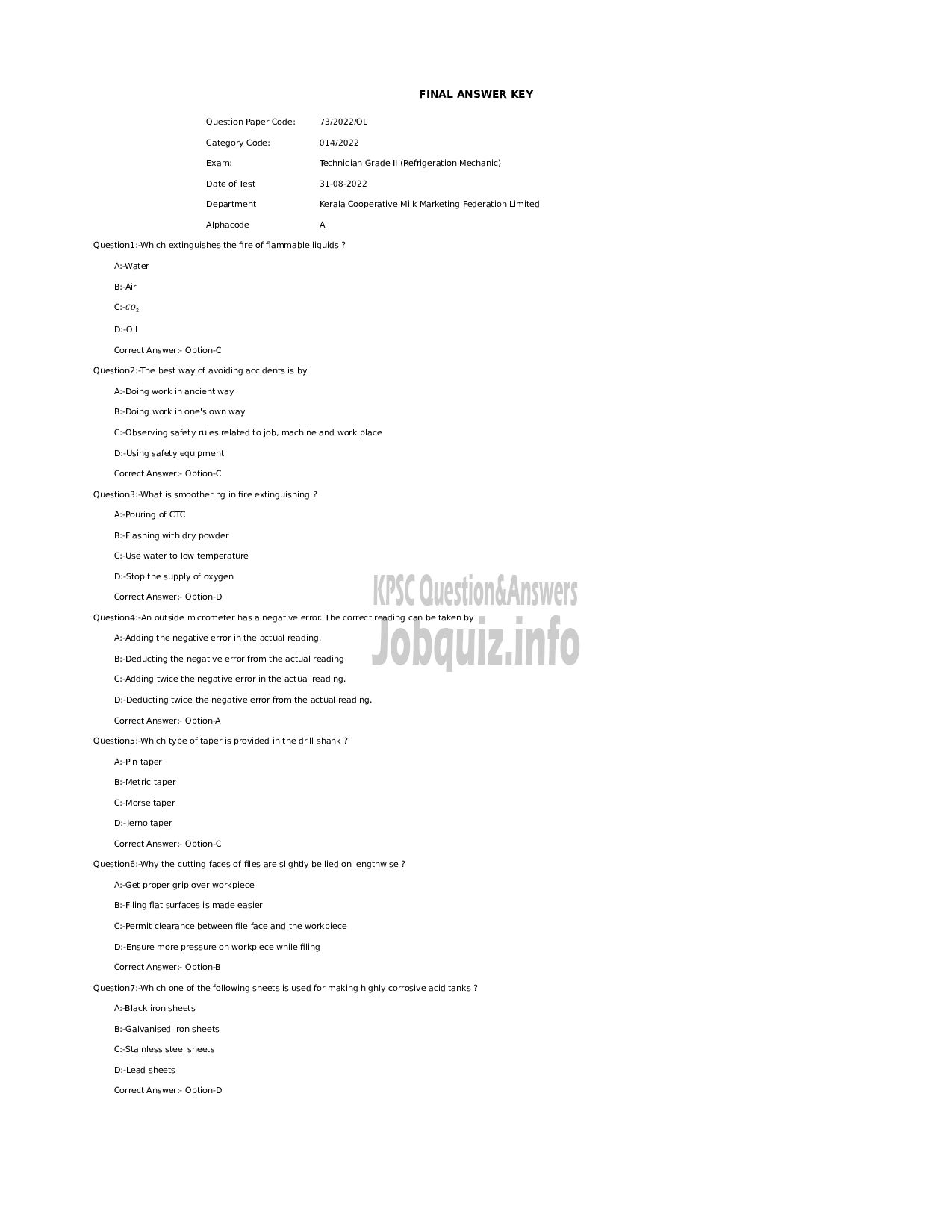Kerala PSC Question Paper - Technician Grade II (Refrigeration Mechanic)-1
