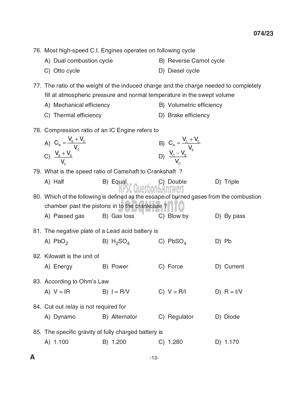 Kerala PSC Question Paper - Tradesman (Diesel Mechanic)-13