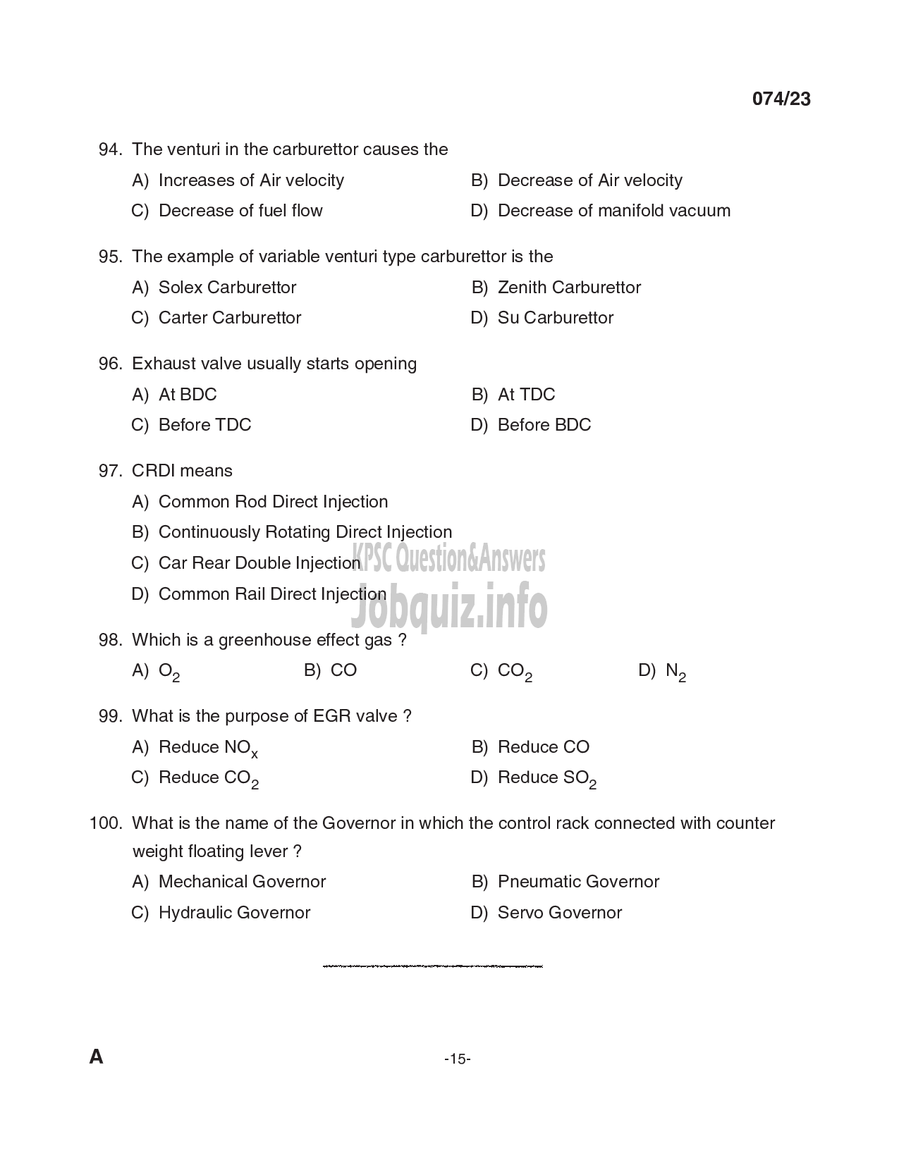 Kerala PSC Question Paper - Tradesman (Diesel Mechanic)-15