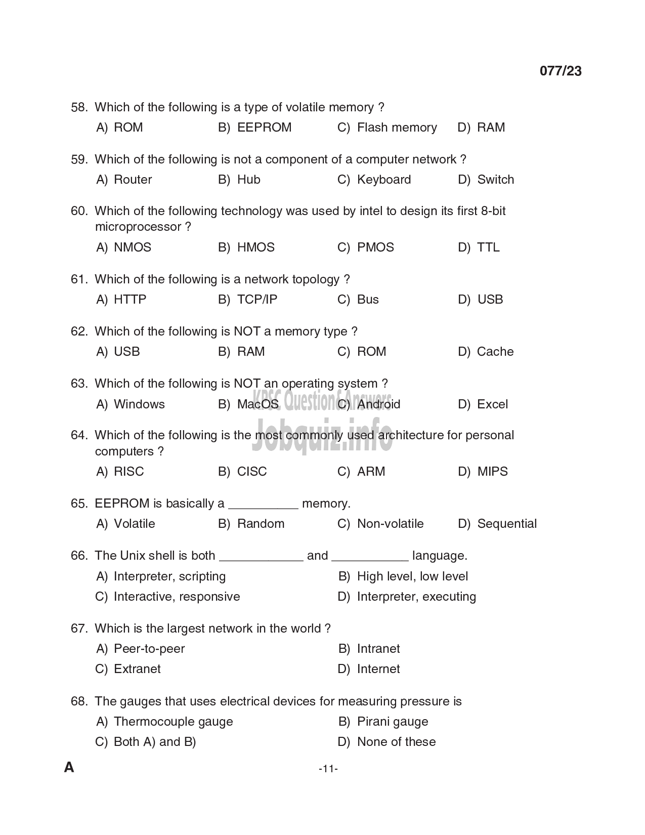 Kerala PSC Question Paper - Tradesman (Electronics andInstrumentation-11