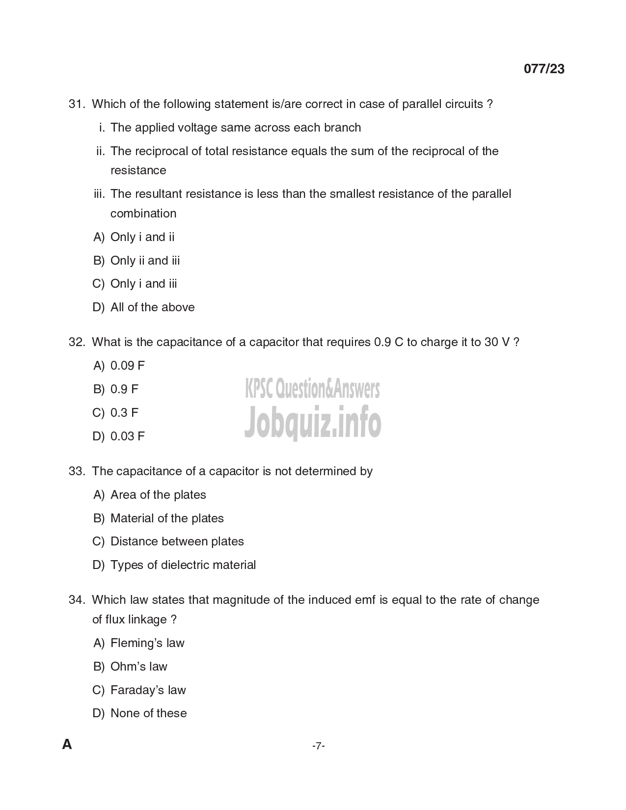 Kerala PSC Question Paper - Tradesman (Electronics andInstrumentation-7