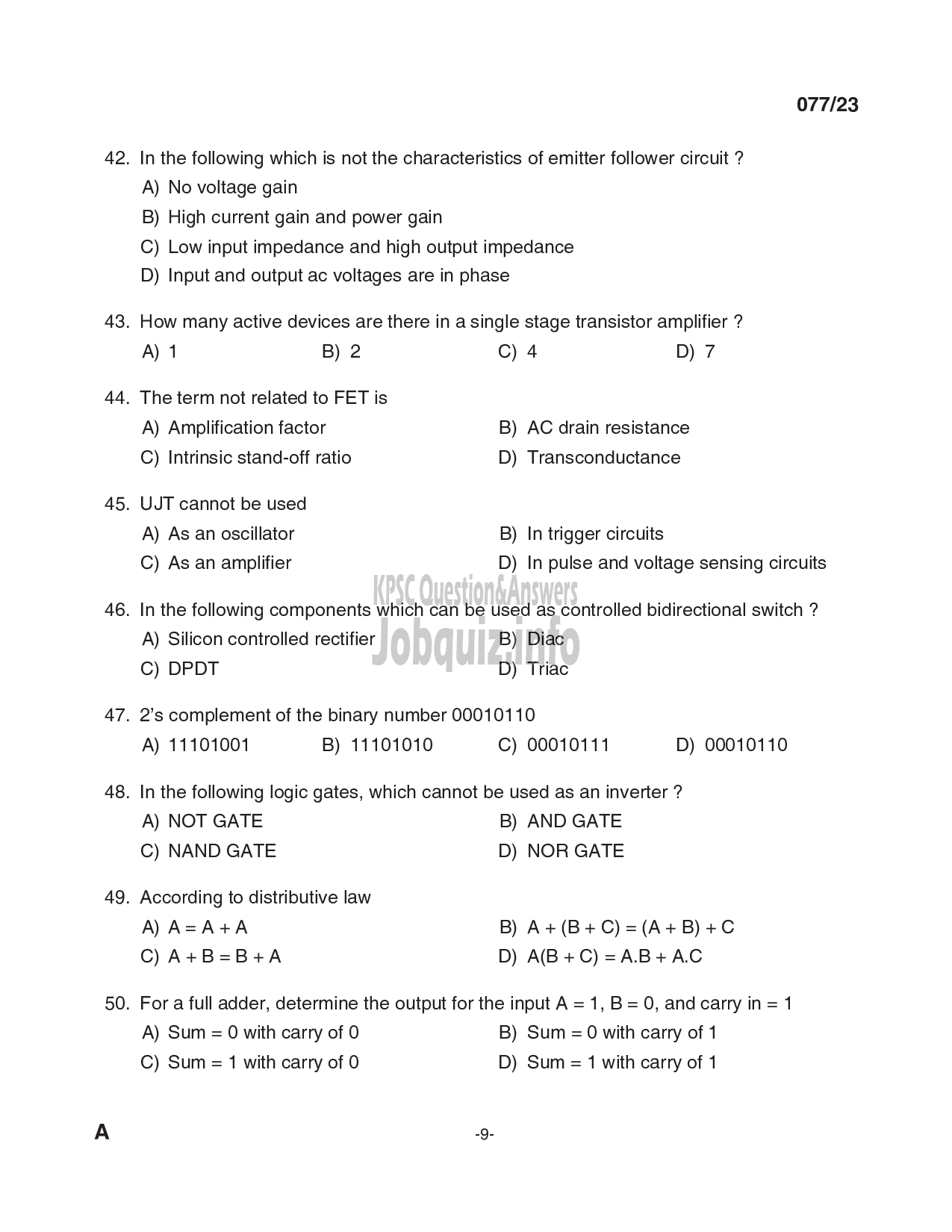 Kerala PSC Question Paper - Tradesman (Electronics andInstrumentation-9