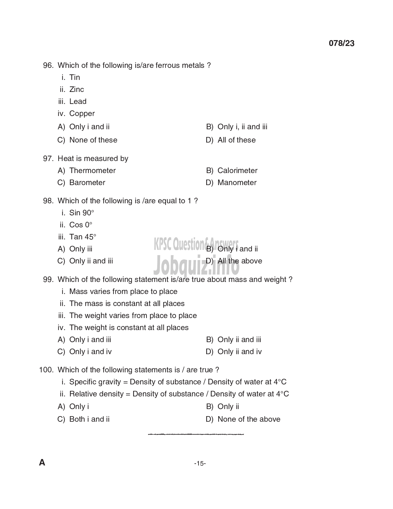 Kerala PSC Question Paper - Tradesman- Masonary-15