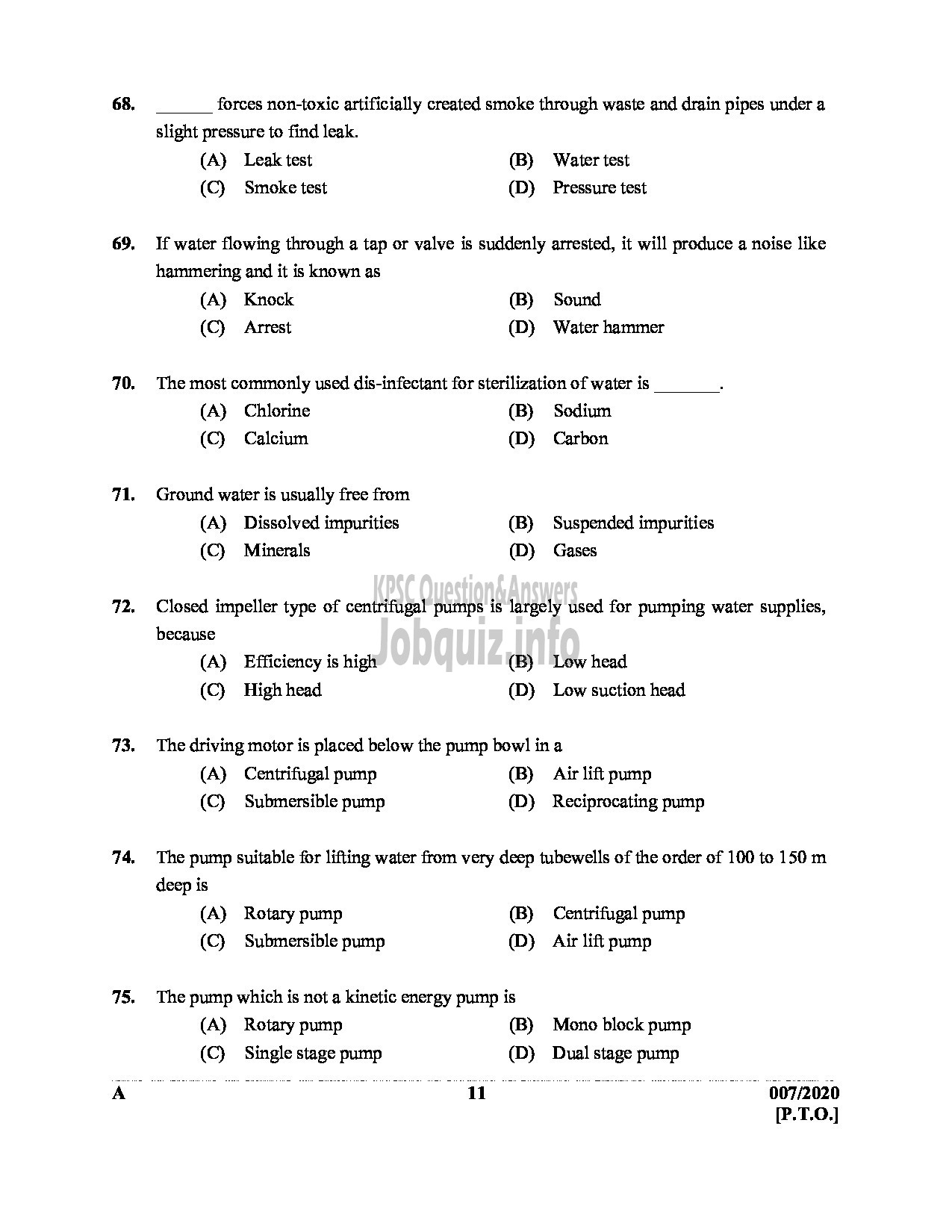 Kerala PSC Question Paper - Training Instructor (Plumbing) SC Development Department English -11