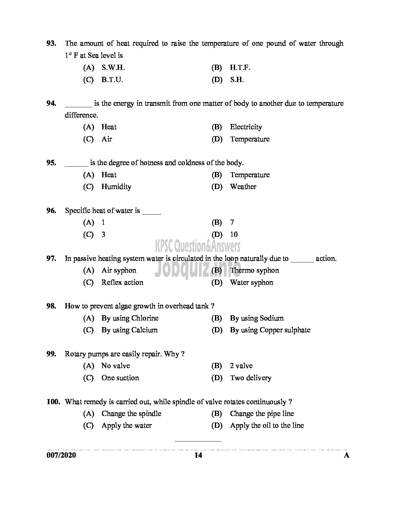 Kerala PSC Question Paper - Training Instructor (Plumbing) SC Development Department English -14