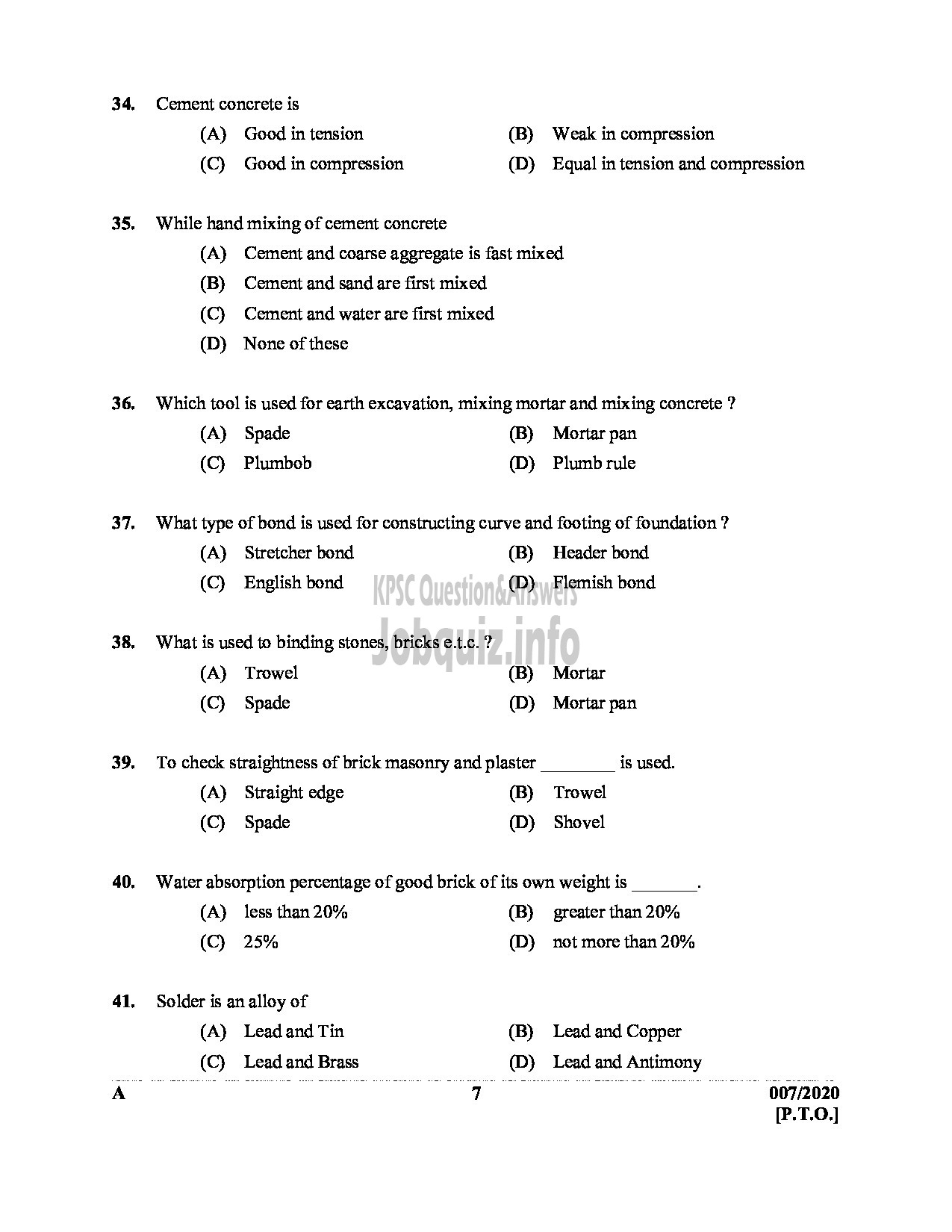 Kerala PSC Question Paper - Training Instructor (Plumbing) SC Development Department English -7