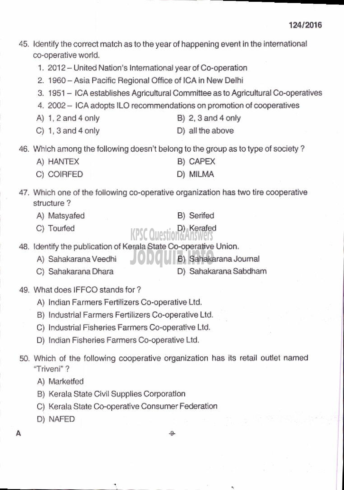 Kerala PSC Question Paper - UNIT MANAGER KSCCF LTD-7