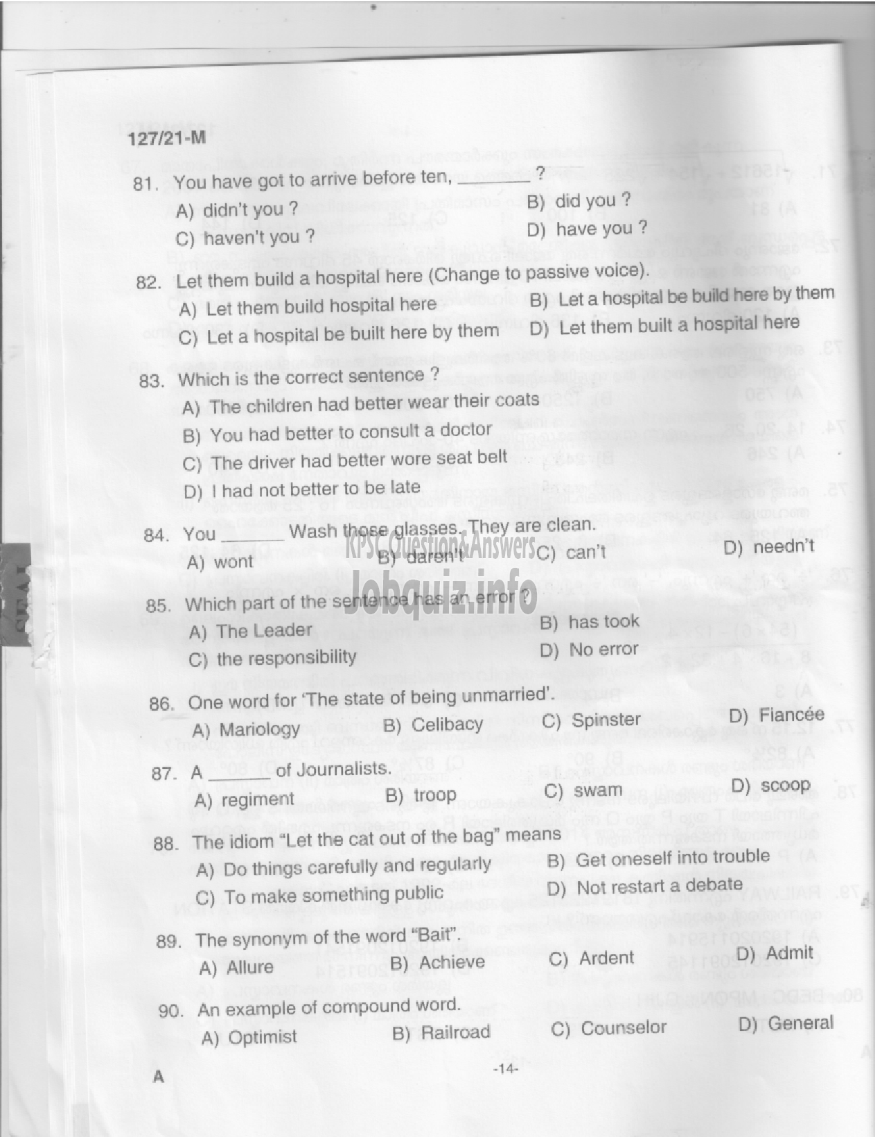 Kerala PSC Question Paper - Upto SSLC  Main Examination (Office Attendant, Laboratory Attender etc)-12