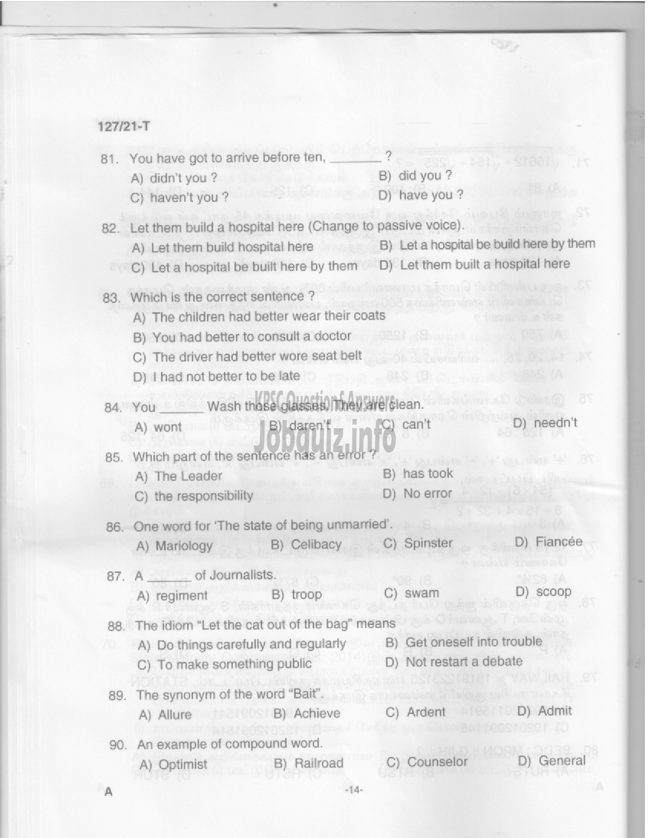 Kerala PSC Question Paper - Upto SSLC  Main Examination (Office Attendant, Laboratory Attender etc) -12