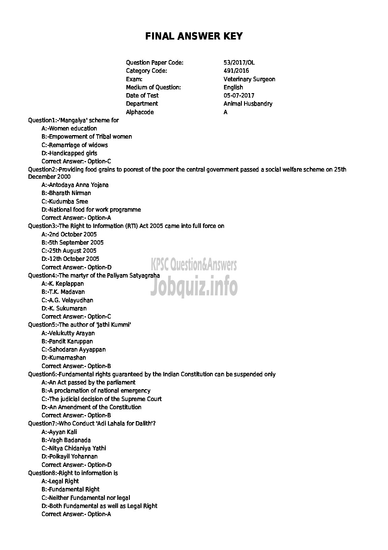 Kerala PSC Question Paper - VETERINARY SURGEON ANIMAL HUSBANDRY-1