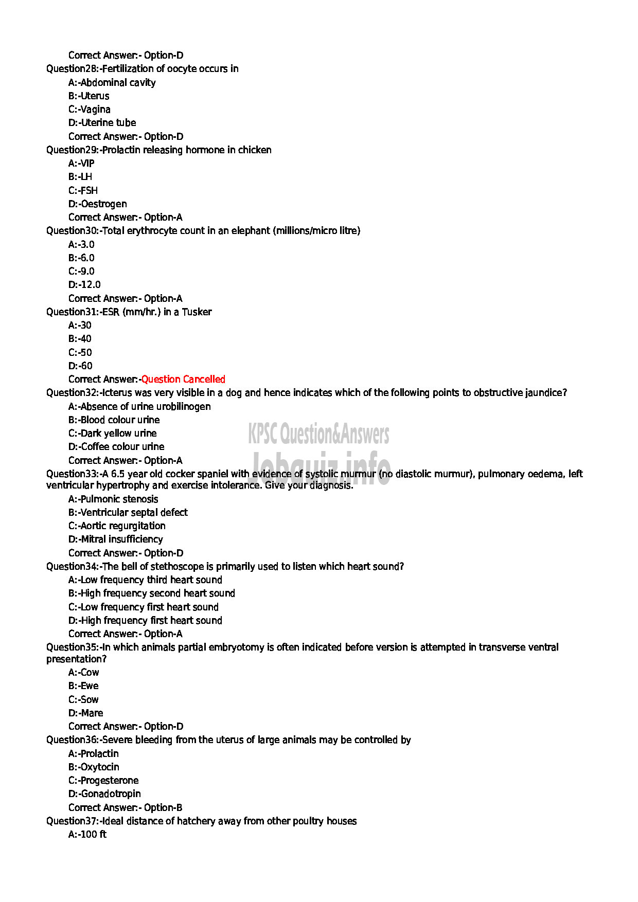 Kerala PSC Question Paper - VETERINARY SURGEON KERALA MUNICIPAL COMMON SERVICE-4