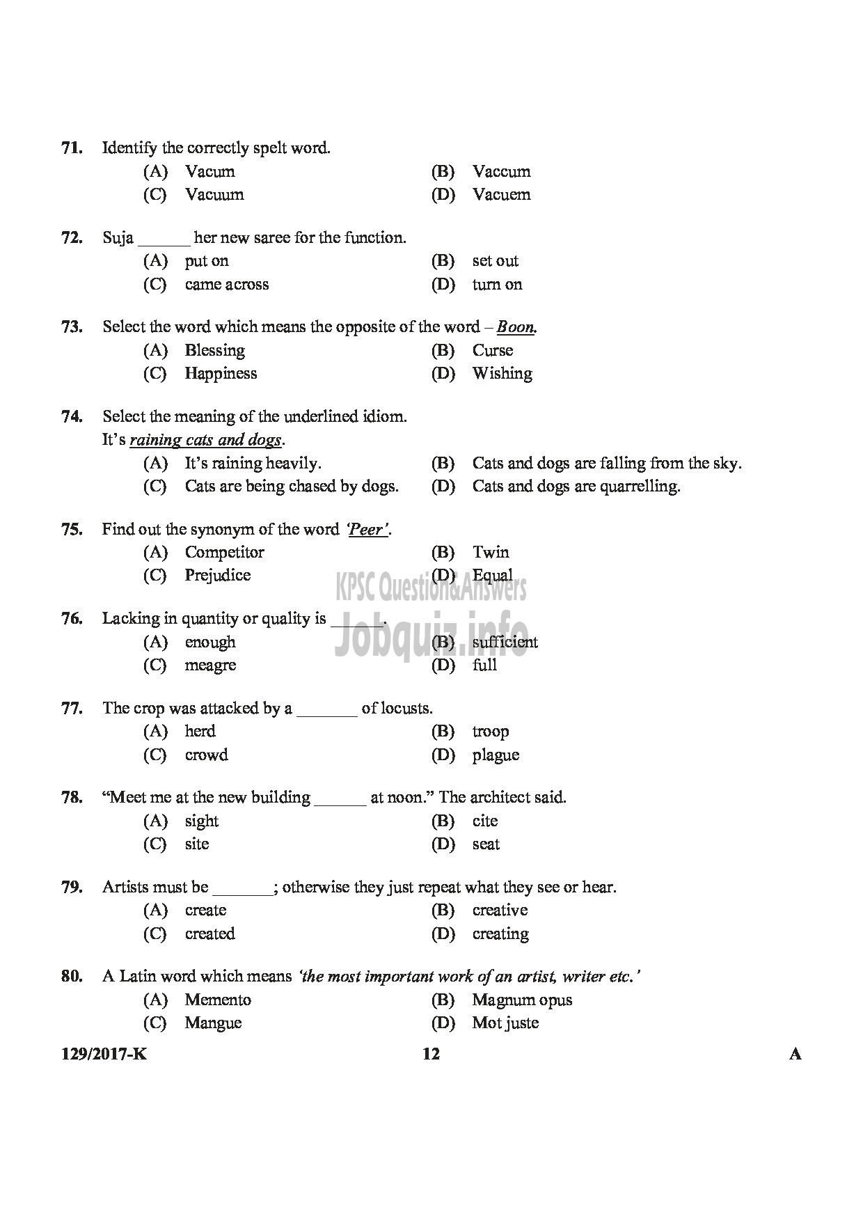 Kerala PSC Question Paper - VILLAGE FIELD ASSISTANT REVENUE ALAPPUZHA, KOTTAYAM,THRISSUR,WAYANAD,KANNUR KANNADA-12